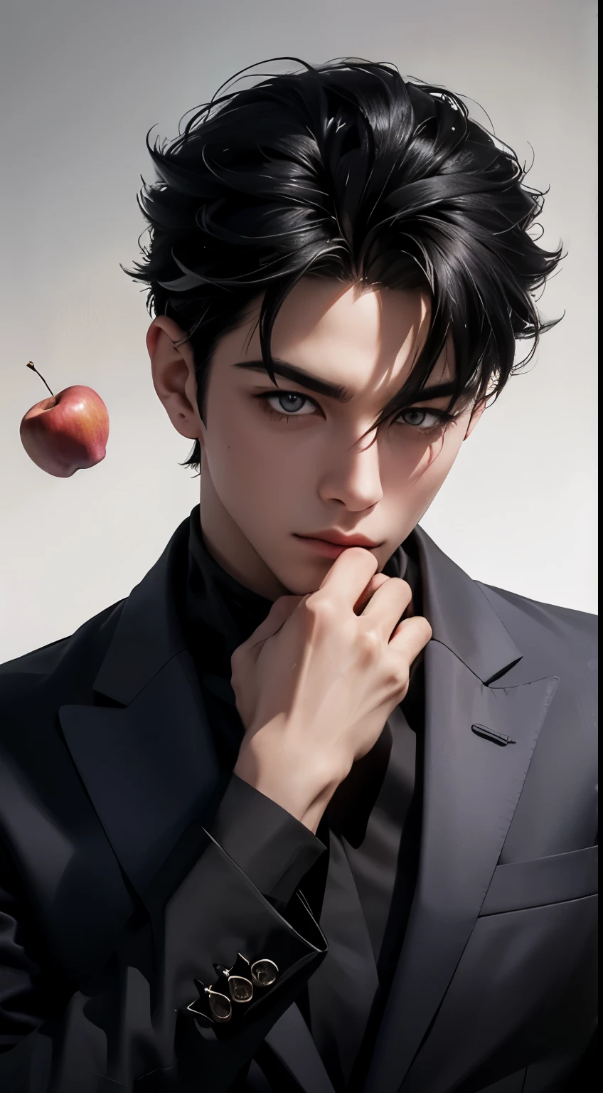 Asian boy with black hair, with a suit on, Tez blanca, dark background in a forest with an apple in his hand, standing towards the leaves