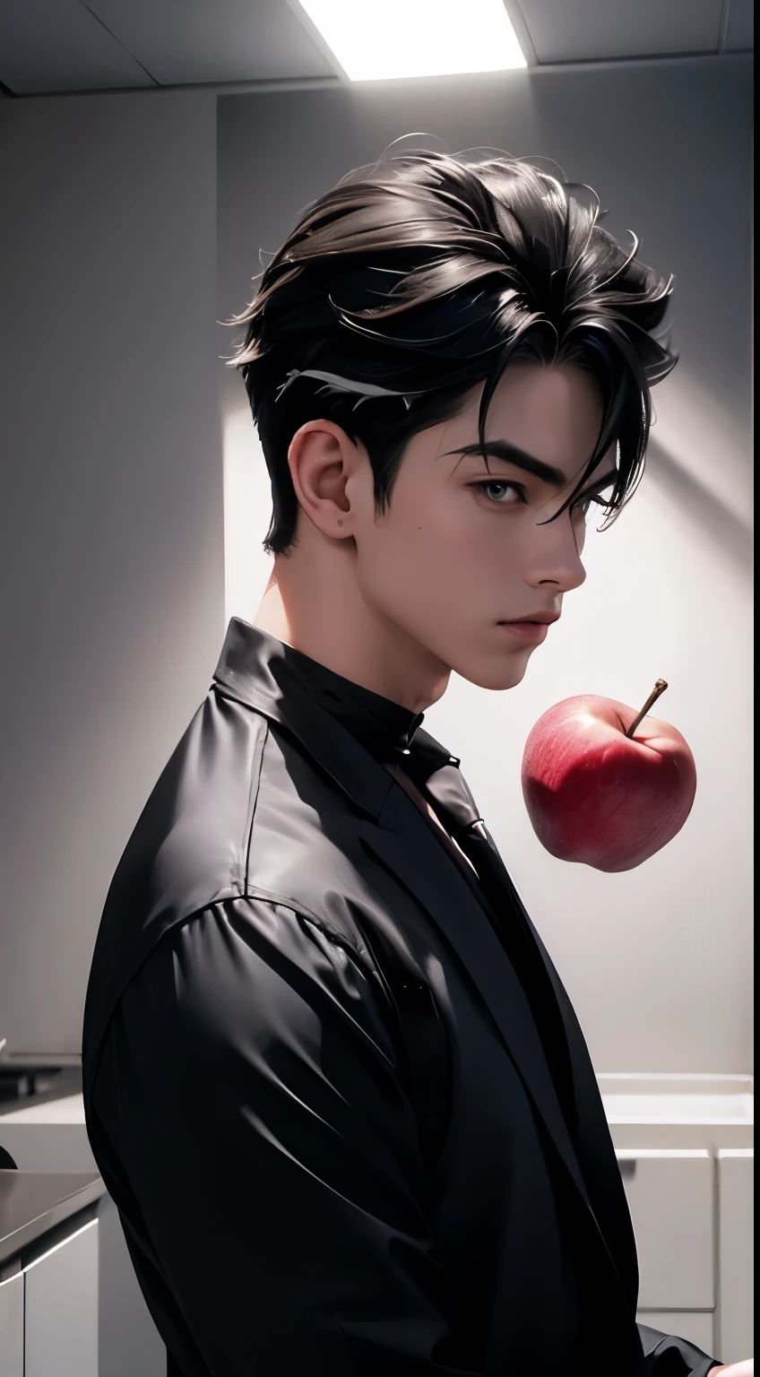 Asian boy with black hair, with a suit on, Tez blanca, dark background in a forest with an apple in his hand, standing towards the leaves