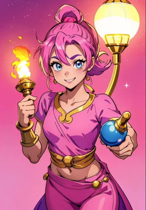 cute girl, Genie of the lamp, Inspired by the genie of the magic lamp in the movie Aladdin, Beautiful eyes, pink clothes, tied h...