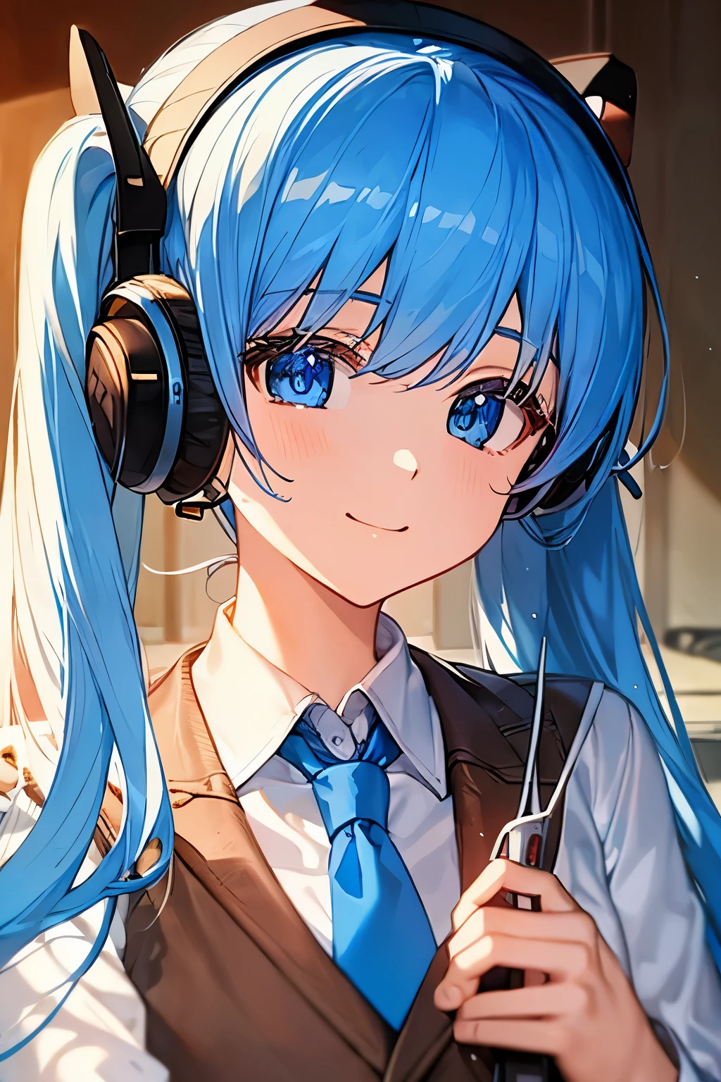 masterpiece, +++, top quality, soft light, portrait, bangs, light blue hair, hair between eyes, blue eyes, twin tails, white collared shirt, flannel tie, head phones around neck, wearing a light brown jacket, smiling,smiling, looking at viewer