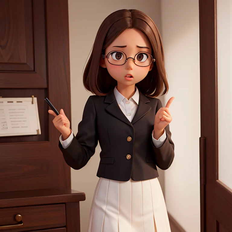 1girl, medium-length brown hair, brown eyes, glasses, open forehead, office outfit, black jacket, white shirt, black skirt, (uncertain look, open mouth, no smile), telling something
