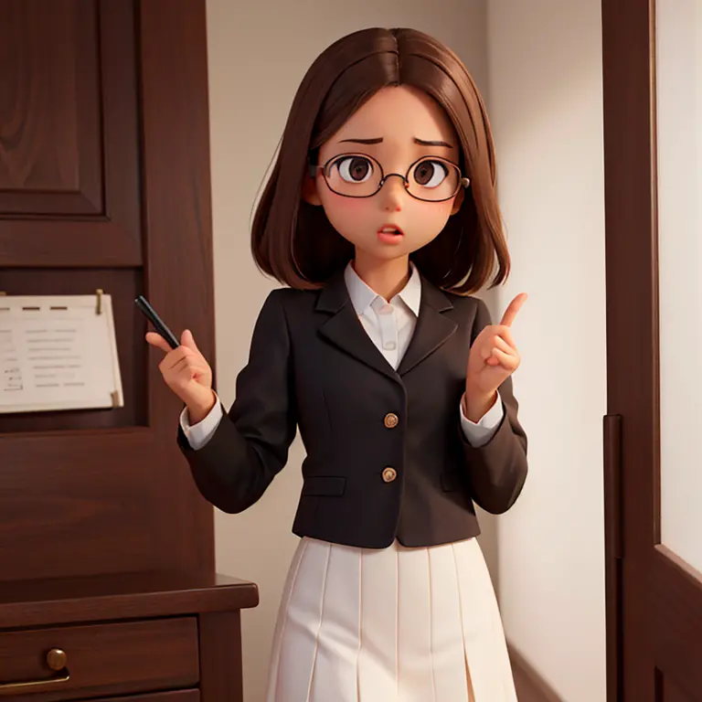 1girl, medium-length brown hair, brown eyes, glasses, open forehead, office outfit, black jacket, white shirt, black skirt, (unc...