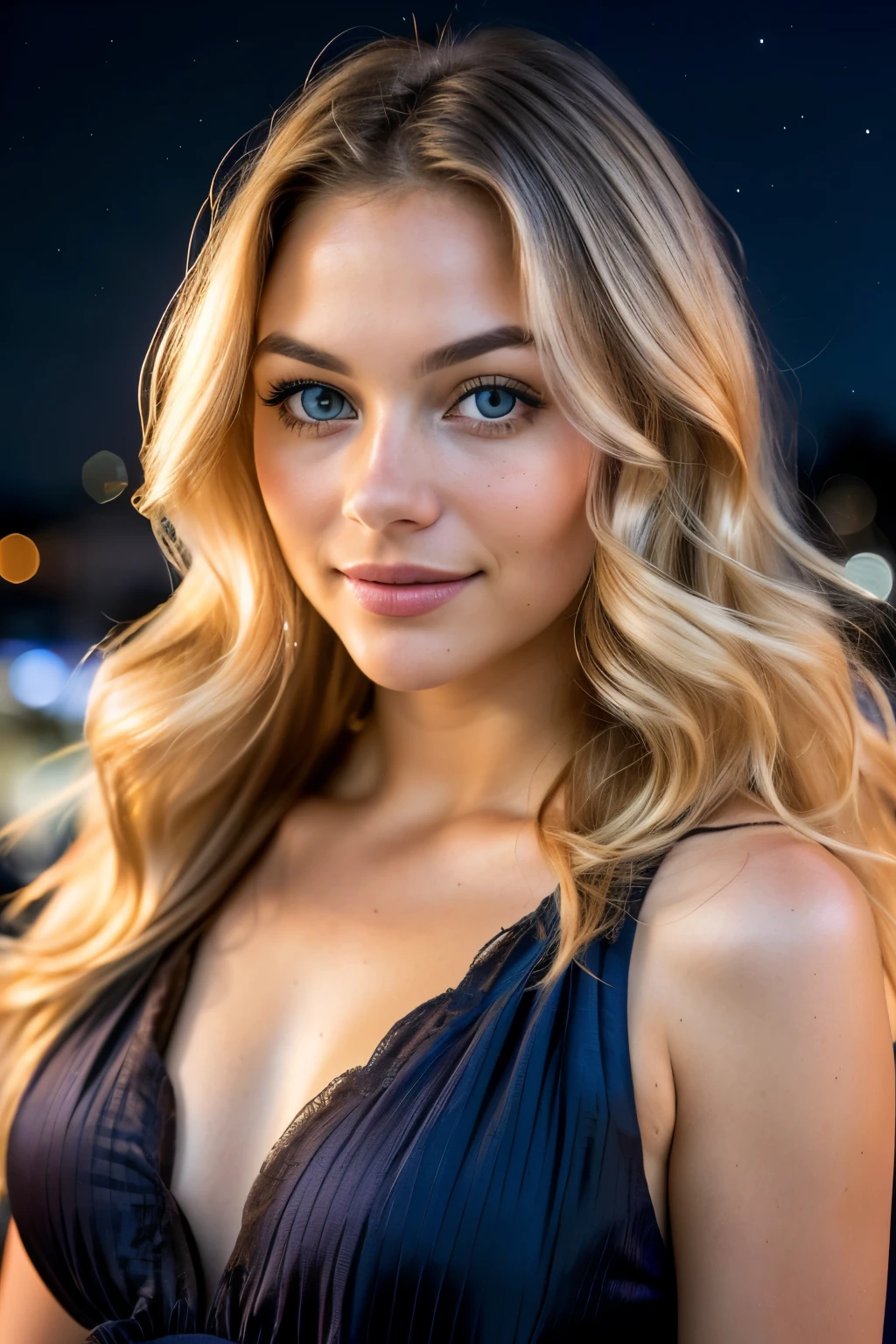 RAW uhd portrait of 24-year-old blonde close-up, Natural blonde hair, castles, Wavy, (brown-eyed woman) in the apartment, Prehistory of New York City, night starry sky, ,natutal breast, The background of the night night of the city, (Red Summer Dress), (cutout), Detailed (textures!, Hair!, brightness, Color!, imperfections:1.1), High detail of light eyes, (looking at the camera),  specular lighting, dslr, ultra quality, sharp-focus, Sharp, Depth of field, Film grain, (centered), Fujifilm XT3, Crystal clear, The center of the frame, cute face, sharp-focus, lamp post, neon lights, bokeh, (dimly lit), Low key, in night, (night  sky)