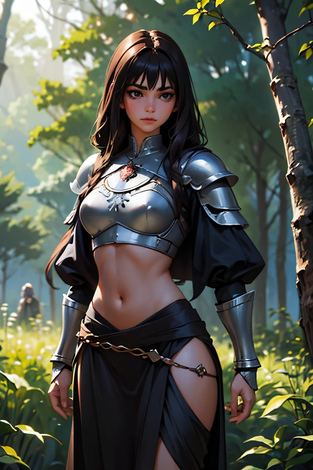 ((estilo ultra realista)), (1 garota, indiano, Cabelo escuro bonito, corpo magro e bonito, vestindo armadura medieval preta clara), (em uma floresta)