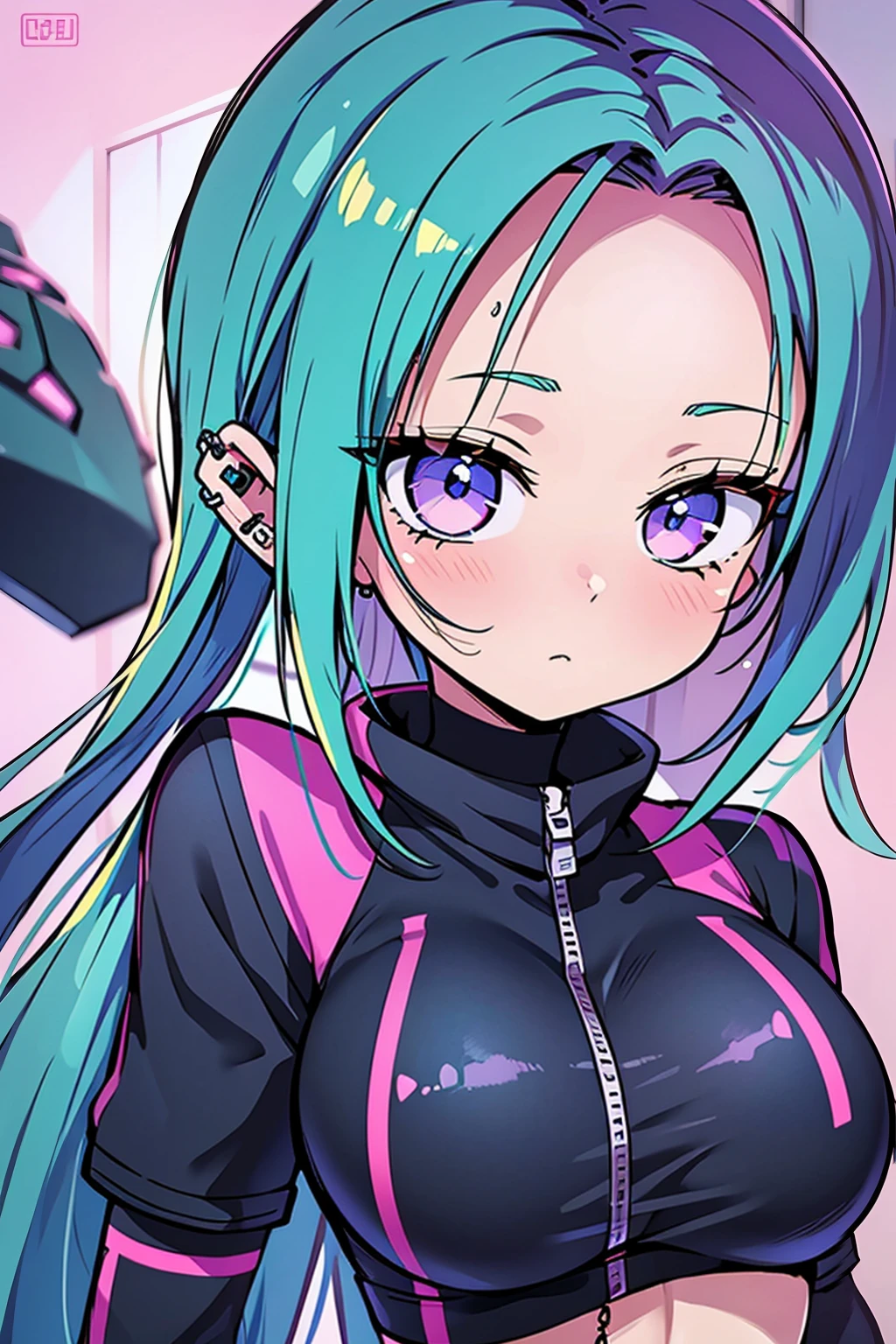 uma mulher com cabelos coloridos e piercings usando um top verde, rossdraw desenho animado vibrante, RossDraw pastel vibrante, Arte de anime cyberpunk, Estilo de arte cyberpunk, arte de anime cyberpunk, anime vibes, cor estilo cyberpunk, decora inspired illustrations, Digital Cyberpunk - Arte de Anime, 8 0 s vibe anime, garota anime cyberpunk, arte digital do anime cyberpunk, arte estilo anime