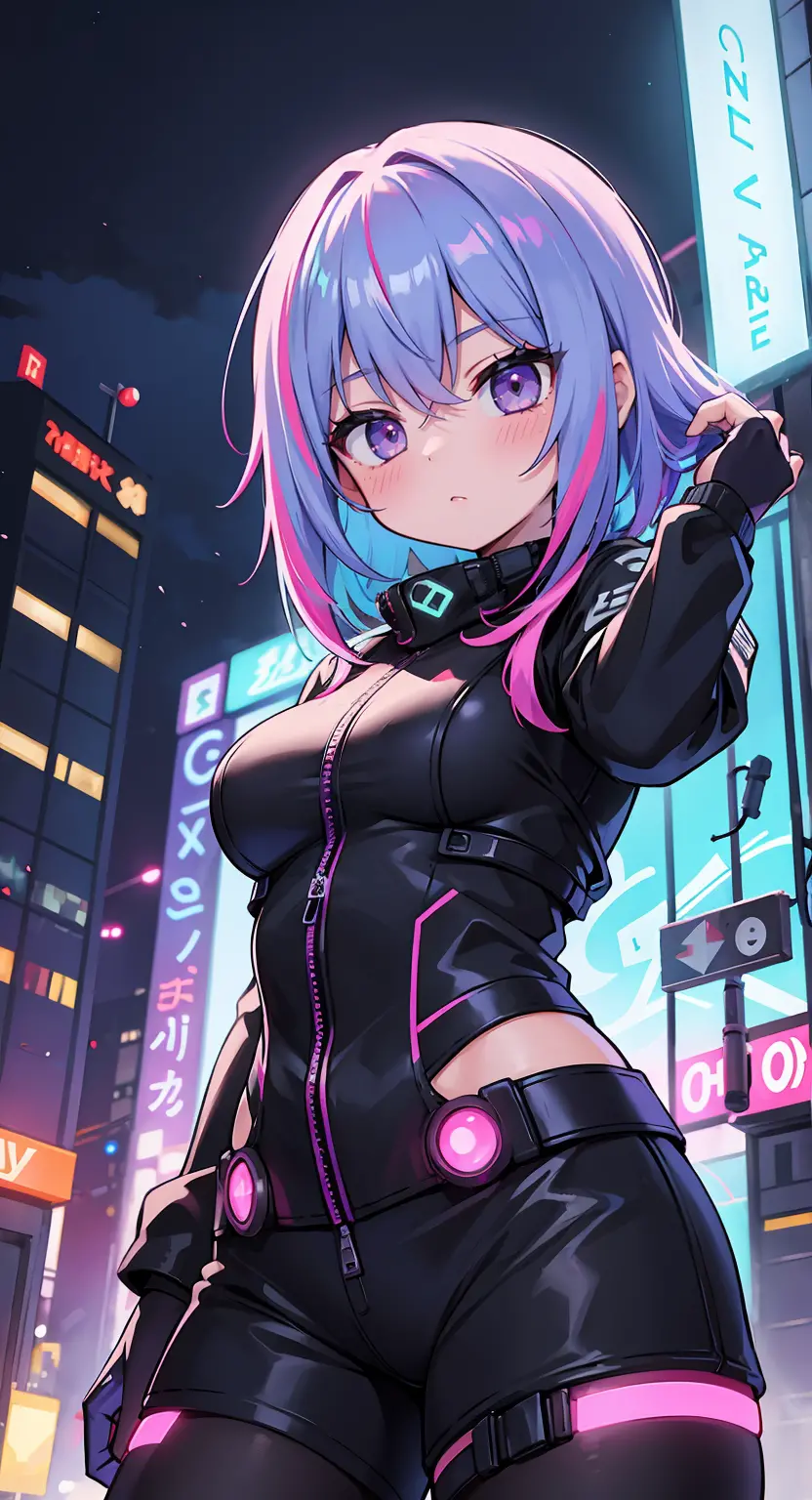 1girl,Creative hair,Rainbow Hair,City streets,fisheye,neon cold lighting, cyberpunk, blush, Waist Shot,Detailed face details,dyn...