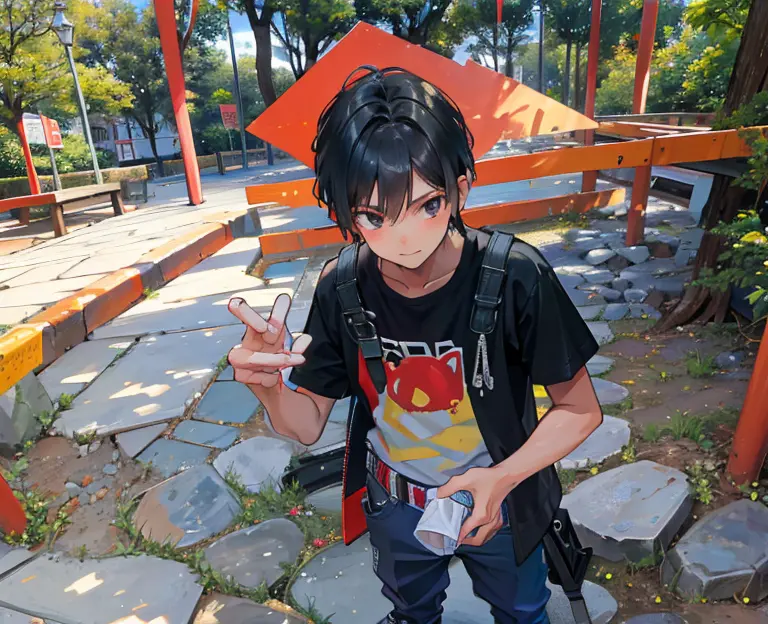 boy leaning on a red metal bar in a park, loli, en un parque, lindo chico emo, peruvian boy looking, boy has short black hair, 1...