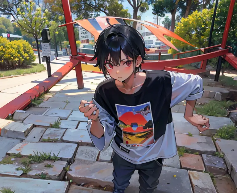 boy leaning on a red metal bar in a park, loli, en un parque, lindo chico emo, peruvian boy looking, boy has short black hair, 1...