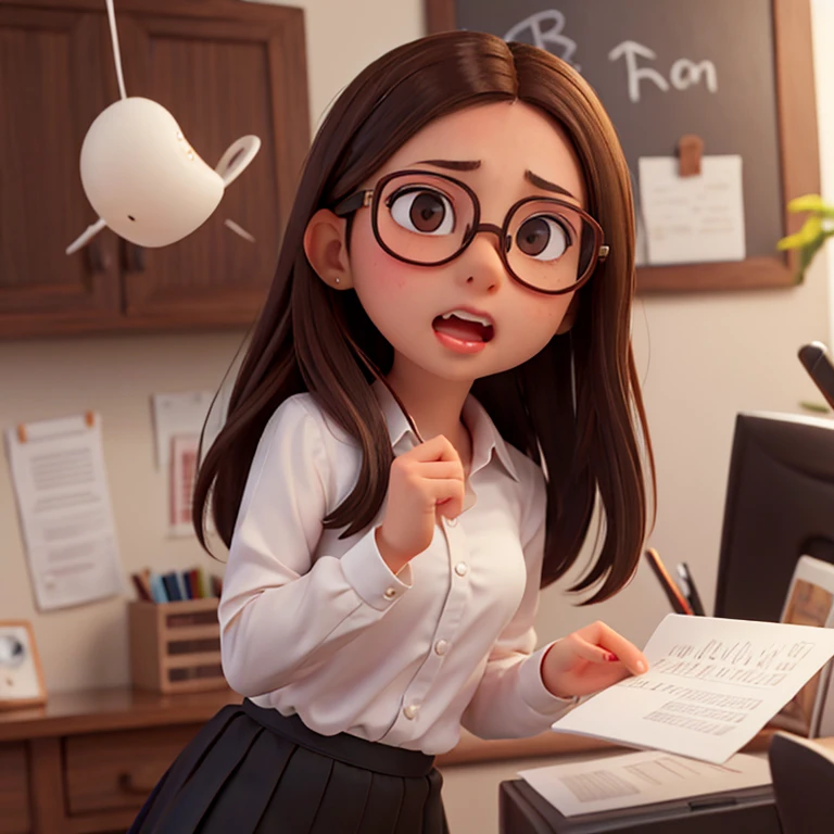 1girl, medium-length brown hair, brown eyes, glasses, open forehead, office outfit, black jacket, white shirt, black skirt, open mouth, no smile, letters paper fly into mouth, fright