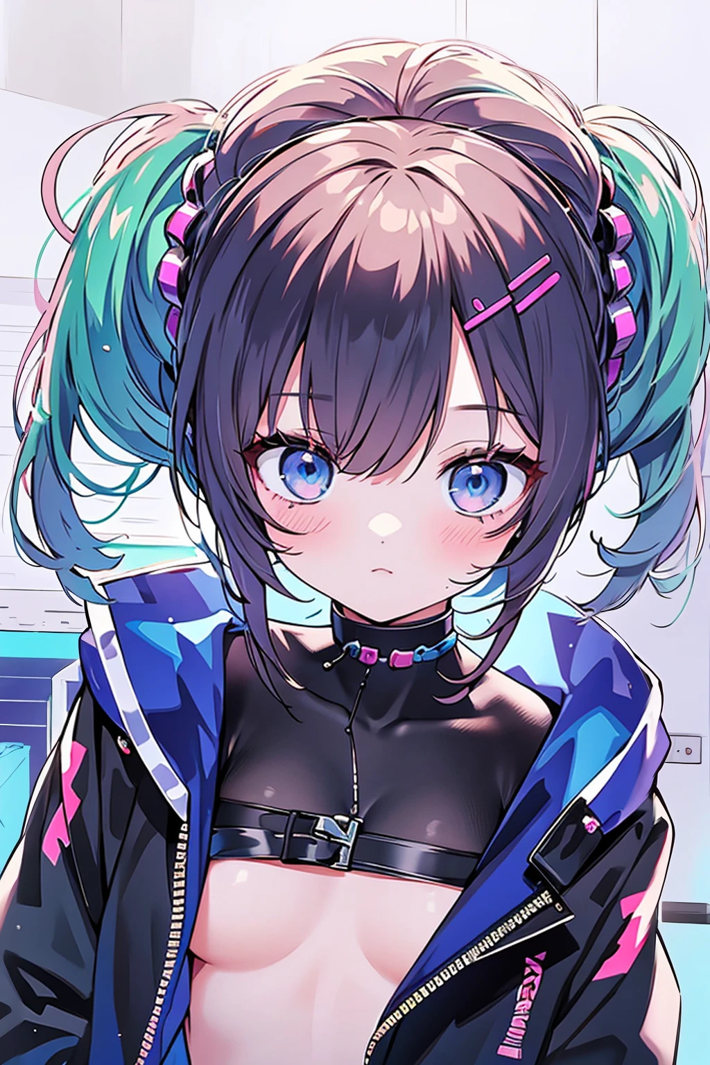 a woman with colored hair and piercings wearing a green top, rossdraws cartoon vibrant, rossdraws pastel vibrant, cyberpunk anime art, cyberpunk artstyle, cyberpunk anime art, anime vibes, cyberpunk style color, decora inspired illustrations, Digital Cyberpunk - Anime Art, 8 0 s anime vibe, cyberpunk anime girl, digital cyberpunk anime art, Arte estilo de anime