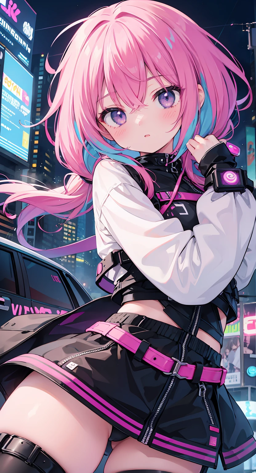 1girl,Creative hair,Rainbow Hair,City streets,fisheye,neon cold lighting, cyberpunk, blush, Waist Shot,Detailed face details,dynamic pose, rim lights,