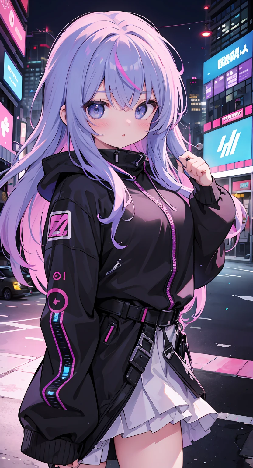 1girl,Creative hair,Rainbow Hair,City streets,fisheye,neon cold lighting, cyberpunk, blush, Waist Shot,Detailed face details,dynamic pose, rim lights,