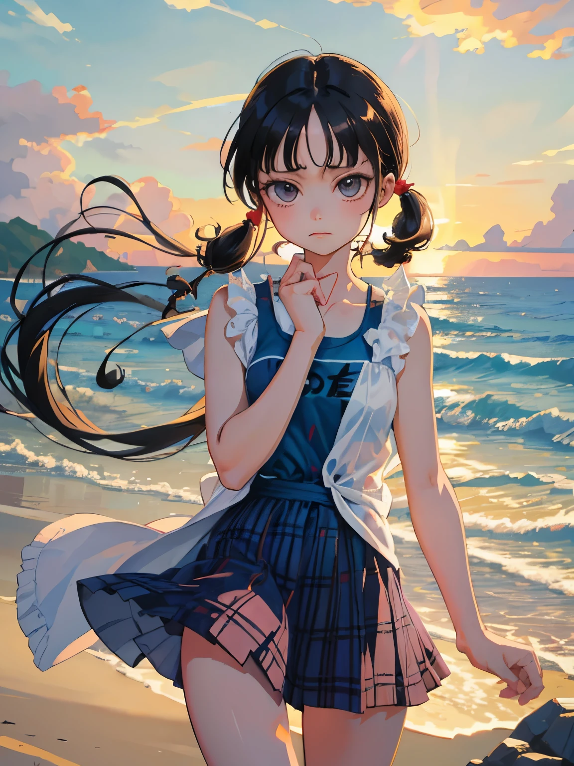 （​masterpiece，Highest Quality），(child)，((Plaid one piece))，(A dark-haired，long twintail)，sleepy expression，Delicate body，The wind is blowing