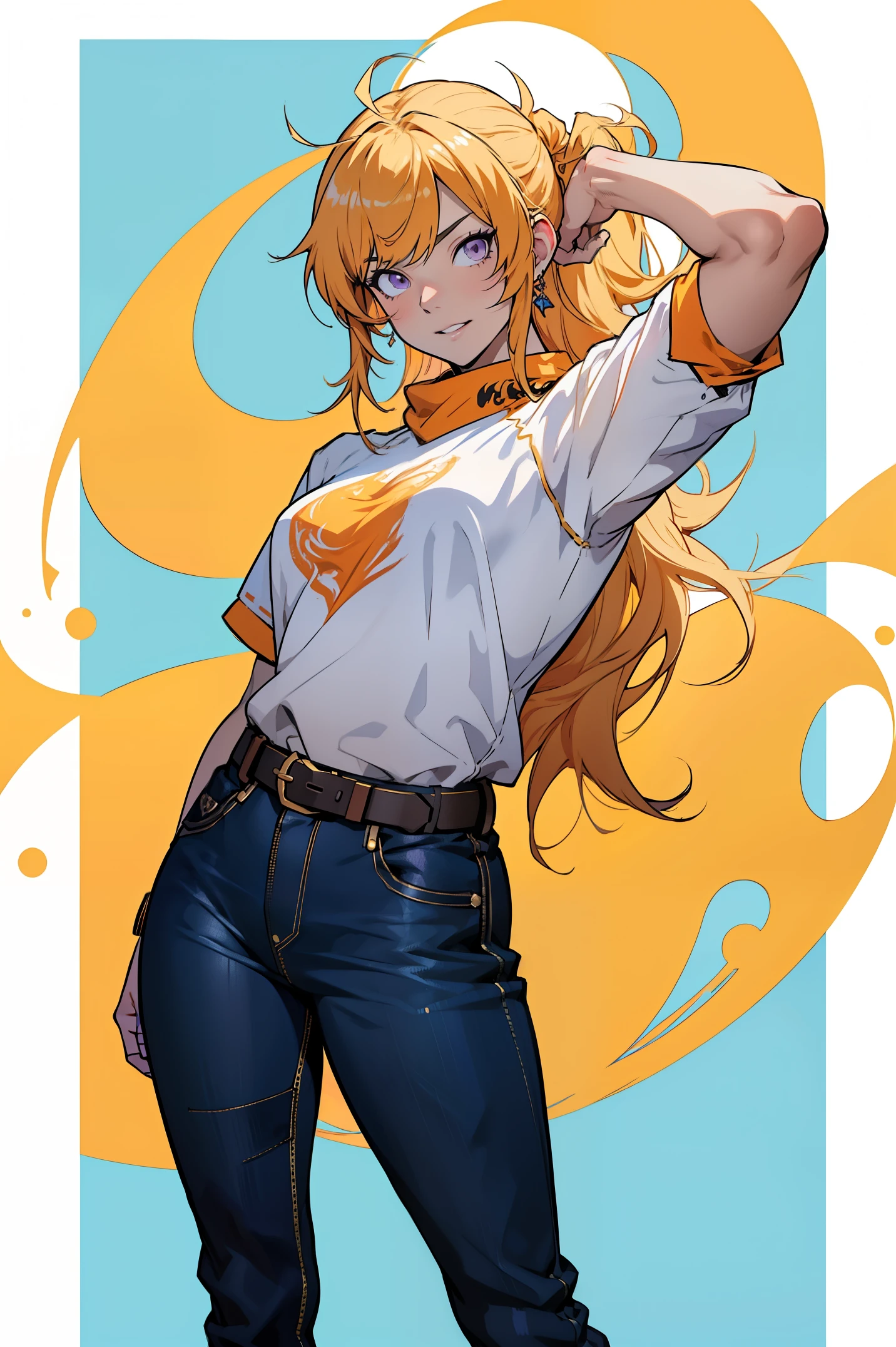 yang xiao longo, ((melhor qualidade)), ((obra-prima)), (altamente detalhado:1.3), uma jovem mulher com uma expressão travessa e sexy, com volumosos, cabelos ondulados, Com franja loira pêssego, olhos roxos e lábios volumosos, usando uma blusa branca, Despojado, um par de jeans, Estilo de arte anime agradável, Estilo anime, ilustração de anime, bela arte de anime, Ilustração estilo anime, Belo estilo de anime, bela arte de anime, retrato bonito do anime, mulher bonita do anime,  anime bonita, Boho Chique | | muito anime!!!, Digital ilustração de anime, ilustração de corpo inteiro de anime, arte de personagens de anime