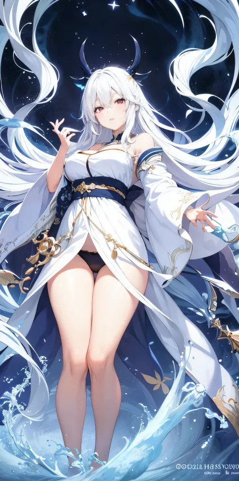 Pixiv Contest Winner, Fantasyart, white-haired god, Belle peinture de personnage, Gouves style artwork, Yukino&#39;s dazzling gaze, guweiz, Long white hair, Long flowing hair and robes, adorable big eyes, illustratio, Fine lines, deep colour，wearing only h...