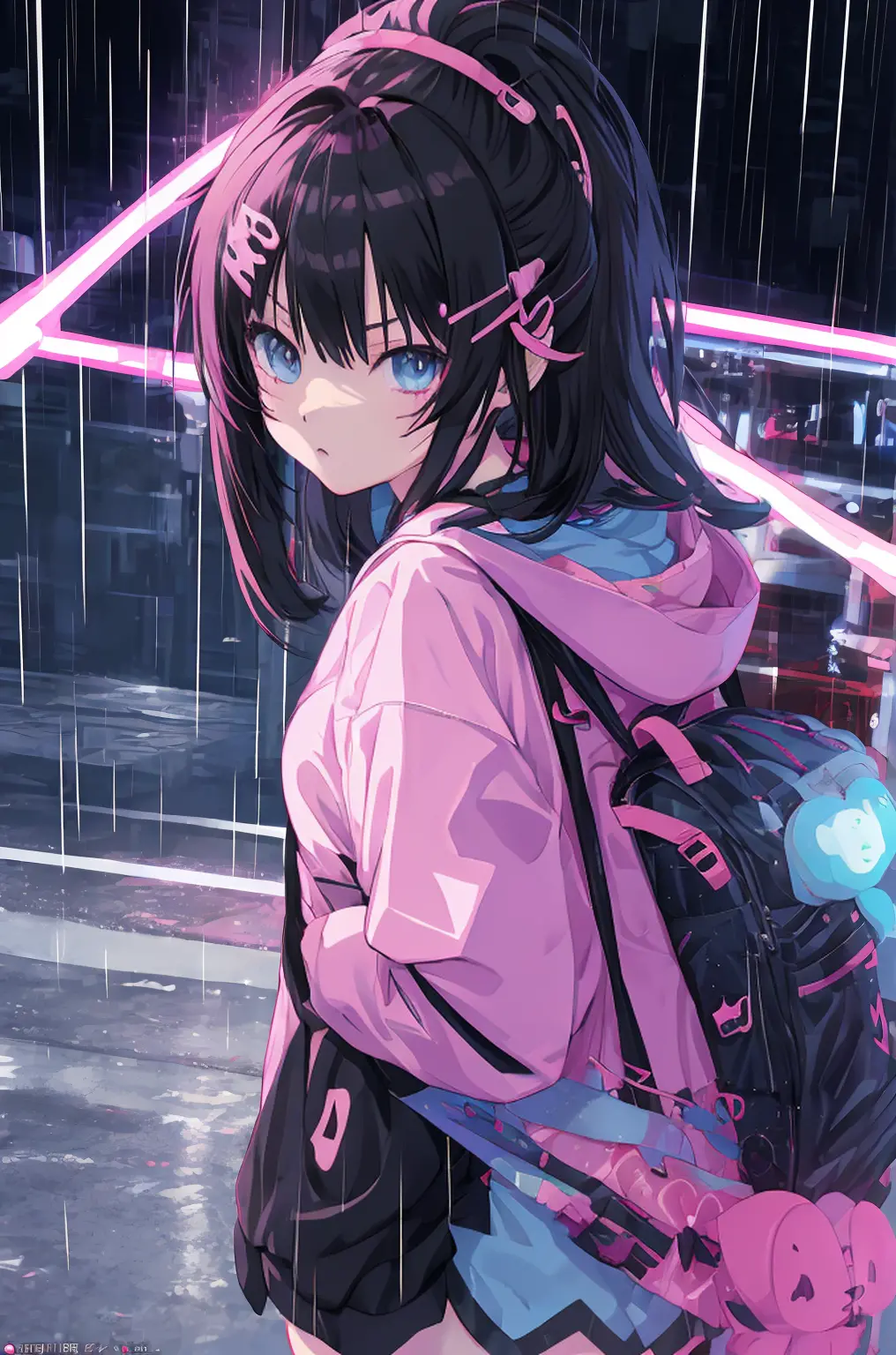 anime girl in the rain with a backpack and a backpack, anime style 4 k, cyberpunk anime girl in hoodie, 4k anime wallpaper, anim...