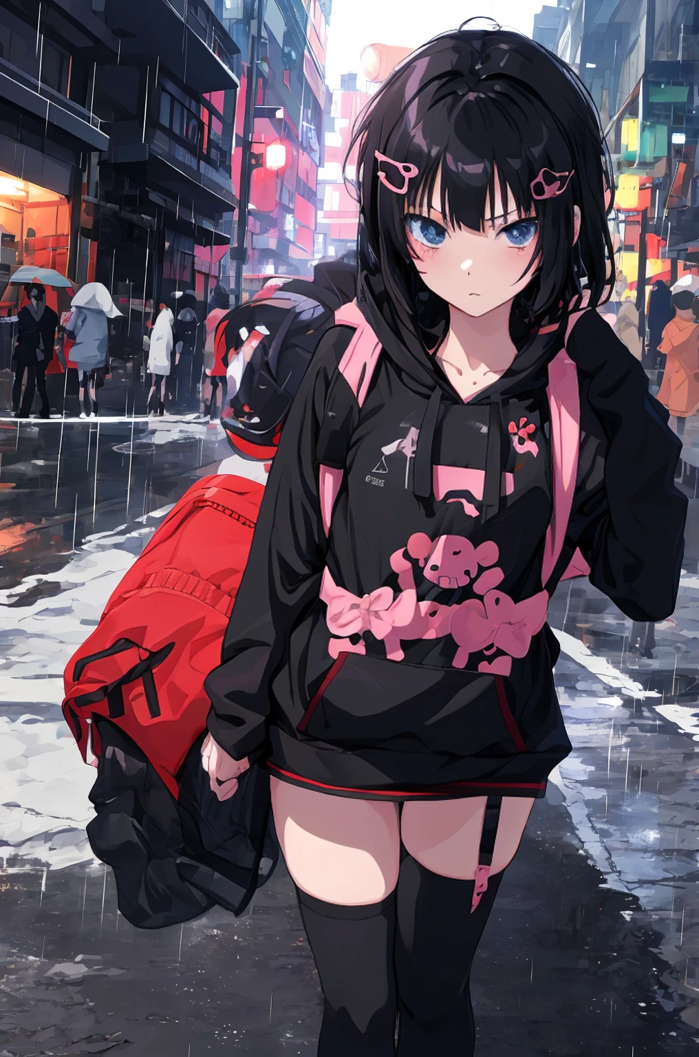 anime girl in the rain with a backpack and a backpack, anime style 4 k, cyberpunk anime girl in hoodie, 4k anime wallpaper, anime art wallpaper 8 k, anime art wallpaper 4k, anime art wallpaper 4 k, anime wallpaper 4k, anime wallpaper 4 k, anime style. 8k, badass anime 8 k, digital cyberpunk anime art