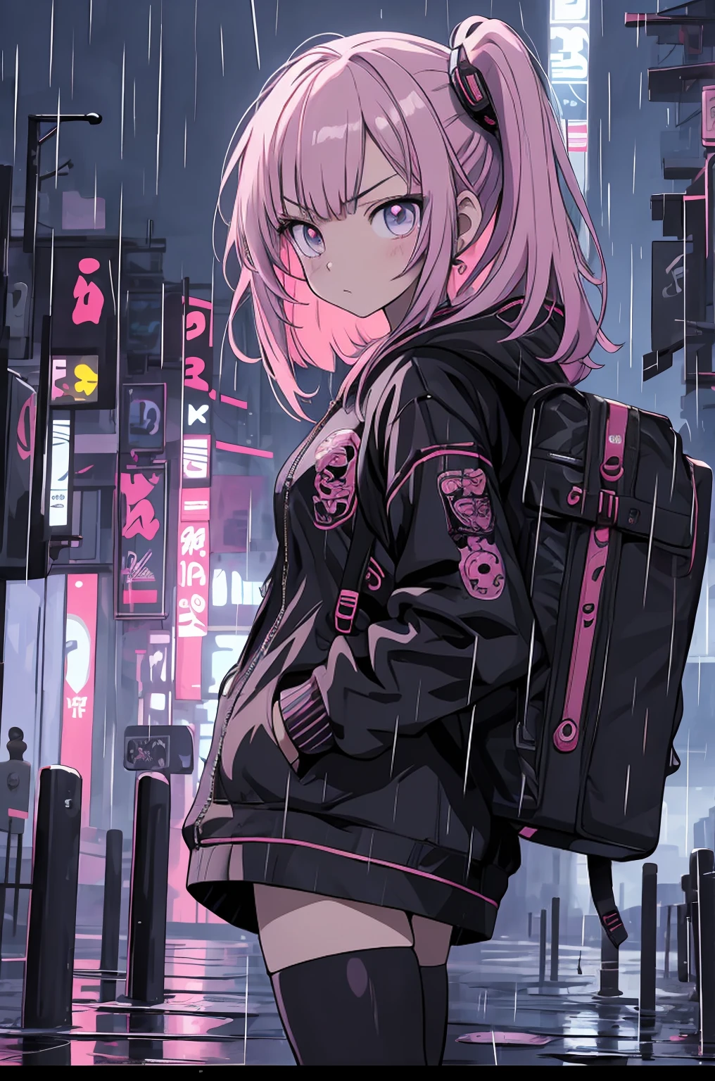 Anime-Mädchen im Regen mit einem Rucksack und einem Rucksack, Anime-Stil 4 k, cyberpunk anime girl in hoodie, 4K-Anime-Hintergrundbild, Anime-Kunst-Tapete 8 K, Anime-Kunst-Hintergrundbild 4k, Anime-Kunst-Tapete 4k, Anime-Hintergrundbild 4k, Anime-Tapete 4k, Anime-Stil. 8k, Badass-Anime 8 K, digital cyberpunk anime art