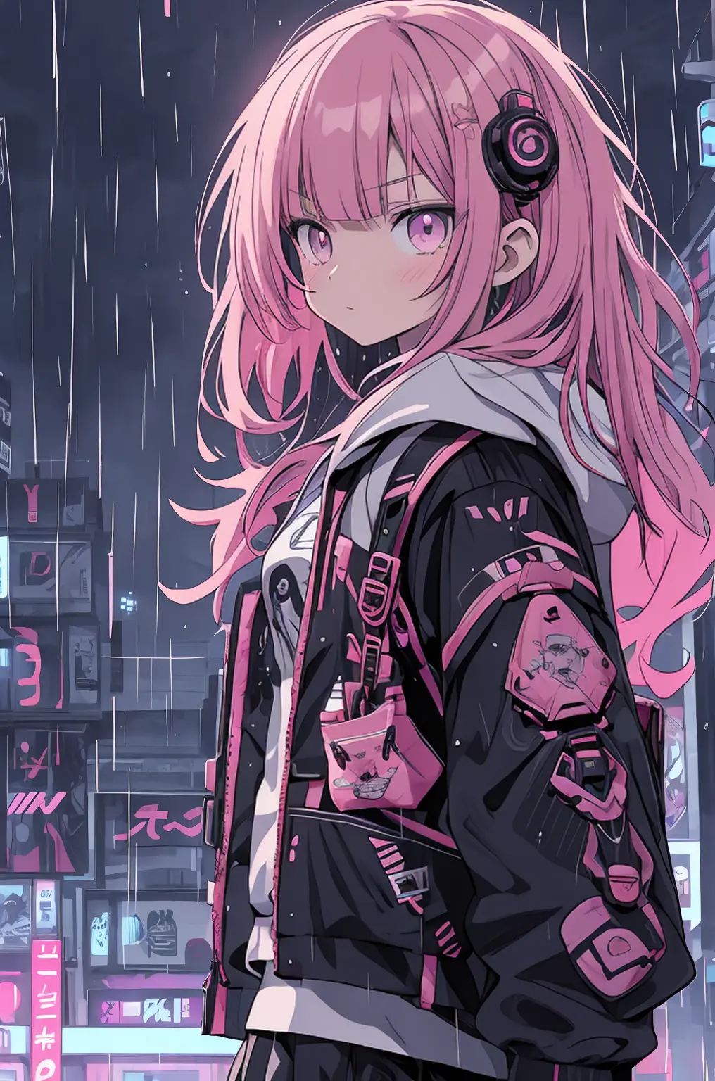 anime girl in the rain with a backpack and a backpack, anime style 4 k, cyberpunk anime girl in hoodie, 4k anime wallpaper, anim...
