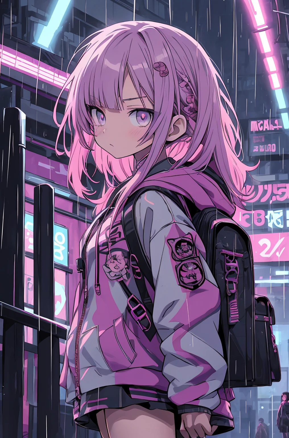 Anime-Mädchen im Regen mit einem Rucksack und einem Rucksack, Anime-Stil 4 k, cyberpunk anime girl in hoodie, 4K-Anime-Hintergrundbild, Anime-Kunst-Tapete 8 K, Anime-Kunst-Hintergrundbild 4k, Anime-Kunst-Tapete 4k, Anime-Hintergrundbild 4k, Anime-Tapete 4k, Anime-Stil. 8k, Badass-Anime 8 K, digital cyberpunk anime art