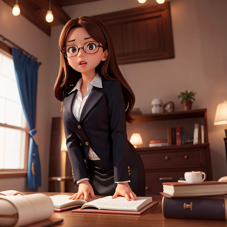 1girl, medium-length brown hair, brown eyes, glasses, open forehead, office outfit, black jacket, white shirt, black skirt, open mouth, no smile, fright