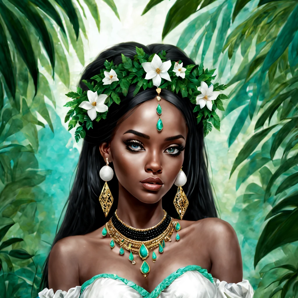 Beautiful girl in a jungle, luxury makeup, long hair, beautiful, bohemian, African style, realistic, cyan, white, black, green, gold, gems, balls, drops, rhombuses, floral, filigree, octane, brightly, close-up