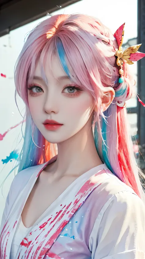 （tmasterpiece、best qualtiy、A high resolution），white backgrounid，（（paint splatter，splash of color，Splash ink、Color splattering）），Sweet Chinese girl，rainbow hair，Pink liprontage，The upper part of the body，The expression is charming，the detail，high light