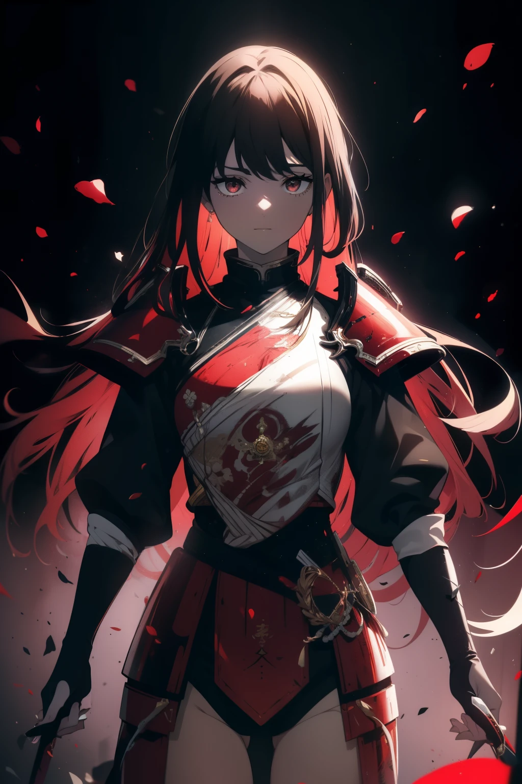 ((((Obra maestra, La mejor calidad, ultrahigh resolution)))), 1girl, happy, ((((standing, wearing red samurai armor, plate armour)))), (black hair, dark black hair over eye:1), long hair cut, pale skin, ((brown eyes)), (glowing_eyes), (((ultra detailed eyes:0.7, beautiful and detailed face, detailed eyes:0.9))), ((centered)), ((over joyed expression)), ((wide shot)), facing viewer, (((outdoors, purple and darkness, black dancing flowers:0.9))), medium breasts, looking at viewer, ((half closed eyes)), ((perfect hands)), (((head:1, arms, hips in view, elbows, thighs, in view))), ((hands at sides)), lively eyes, beautiful lighting, outside, outdoors, background, defined subject, 25 years old, (head tilt), (((cool))), ((lively)), (((high contrast)))