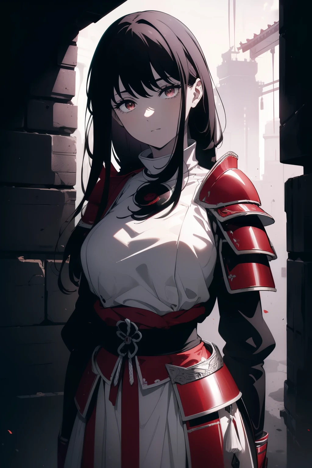 ((((Obra maestra, La mejor calidad, ultrahigh resolution)))), 1girl, happy, ((((standing, wearing red samurai armor, plate armour)))), (black hair, dark black hair over eye:1), long hair cut, pale skin, ((brown eyes)), (glowing_eyes), (((ultra detailed eyes:0.7, beautiful and detailed face, detailed eyes:0.9))), ((centered)), (wide shot), facing viewer, (((outdoors, purple and darkness, black dancing flowers:0.9))), medium breasts, looking at viewer, ((half closed eyes)), ((perfect hands)), (((head:1, arms, hips in view, elbows, thighs, in view))), ((hands at sides)), lively eyes, beautiful lighting, outside, outdoors, background, defined subject, 25 years old, (head tilt), (((cool))), ((lively)), (((high contrast)))