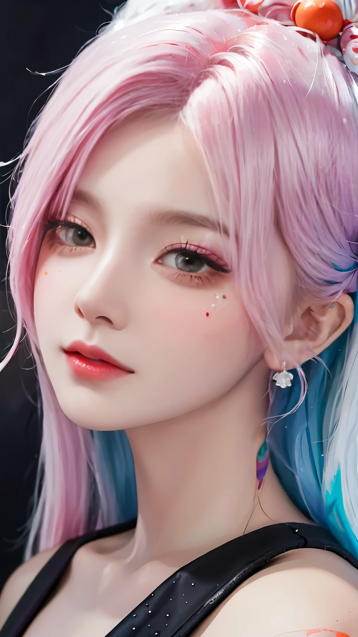 （tmasterpiece、best qualtiy、A high resolution），white backgrounid，（（paint splatter，splash of color，Splash ink、Color splattering）），Sweet Chinese girl，rainbow hair，Pink liprontage，The upper part of the body，The expression is charming，the detail，high light，tear-mole，Tattooed with，Flirtatious