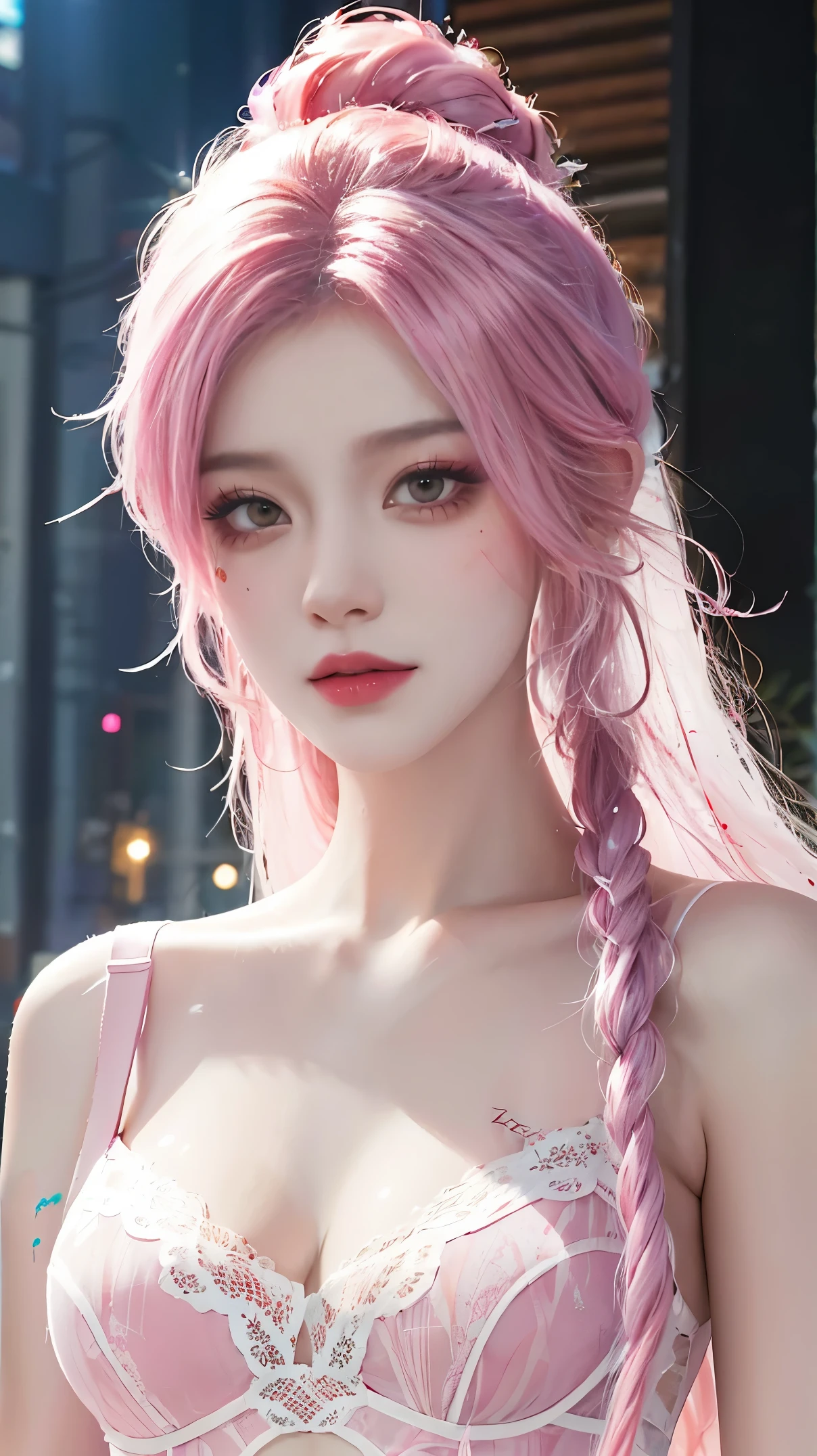 （tmasterpiece、best qualtiy、A high resolution），white backgrounid，（（paint splatter，splash of color，Splash ink、Color splattering）），Sweet Chinese girl，rainbow hair，Pink liprontage，The upper part of the body，The expression is charming，the detail，high light，tear-mole，Tattooed with，Flirtatious，Lingerie transparent，，sweat soaked