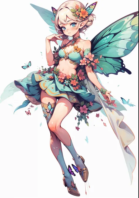 1girl, vtuber, best quality, symmetrical body, center angle, elf, butterfly wings, flower hair pin, detailed face, perfect hands,