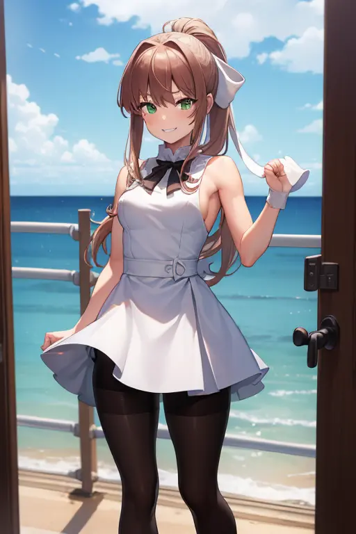 ((full pose:1.5)), ((view from bellow:1.5)), ((standing:1.5)), ((punch at viever:1.5)), ddlcmonika, ddlcmonika, blunt bangs, bro...