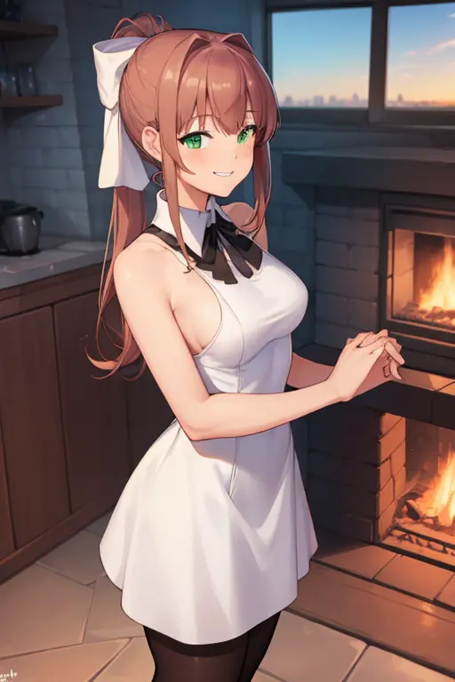 ((full pose:1.5)), ((view from bellow:1.5)), ((standing:1.5)), ((hearth sign by hands:1.5)), ddlcmonika, ddlcmonika, blunt bangs...