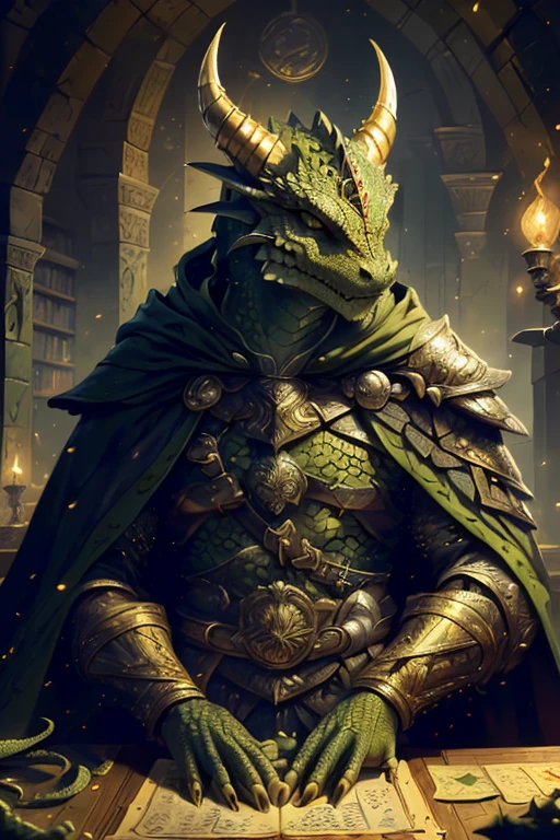 ((Dragonborn, green scales, green eyes, dragon features, dragon face, long gold horns)),  (gold plate armor, armor on chest, gold chest plate, gold pauldrons, black cloak, black robeull body, closeup, portrait, high details, best quality, 8k, [ultra detailed], masterpiece, best quality, (extremely detailed), dynamic angle, ultra wide shot, photorealistic, RAW, fantasy art, dnd art, fantasy art, realistic art, a wide angle picture of a dragonborn sorcerer ready for battle, (intense details, Masterpiece, best quality: 1.5), D&D dragonborn, green scales dragonborn, dynamic eyes color, reptilian eyes, wearing heavy armor, wearing cloak, long cloak, flowing cloak  (intense details, Masterpiece, best quality: 1.5) , dynamic colors,  (intense details, Masterpiece, best quality: 1.5), (intense details, Masterpiece, best quality: 1.5),  (intense details, Masterpiece, best quality: 1.5), library, sitting at table, table filled with books and candles, (intense details, Masterpiece, best quality: 1.5), sense of action, atmosphere of danger, conjuring lighting in hand, casting lighting,  shooting lighting from hands