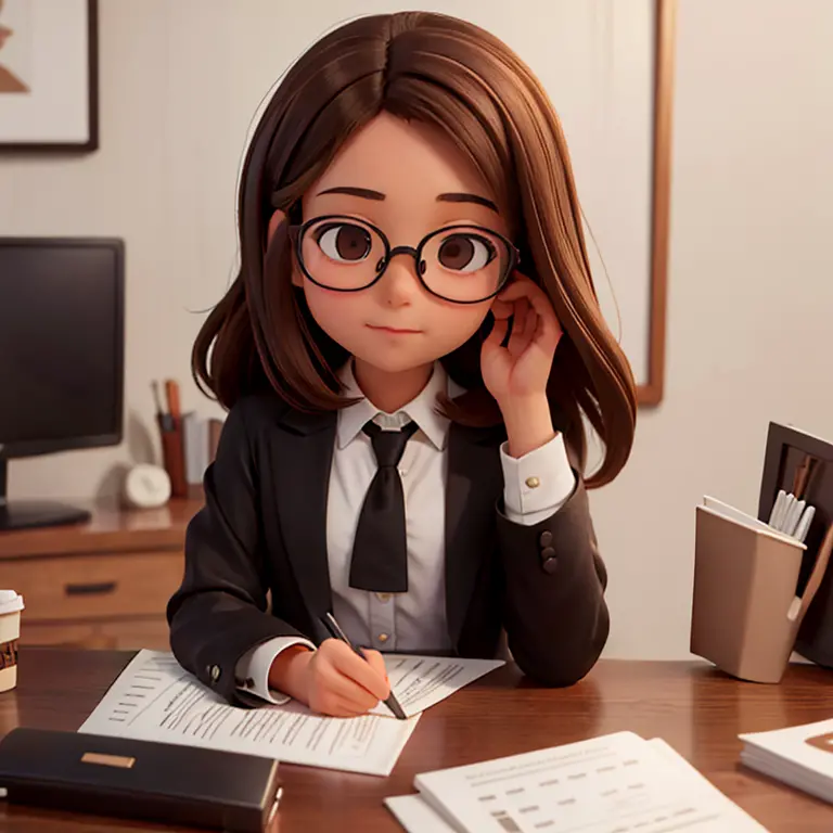 1girl, medium-length brown hair, brown eyes, glasses, open forehead, office outfit, black jacket, white shirt, black skirt, sitt...
