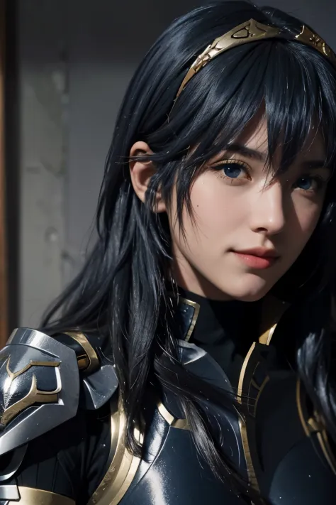 close up portrait, Lucina ylisse, lucina ylisse from fire emblem, a woman in dark armor with silver parts with blue hair, dark a...
