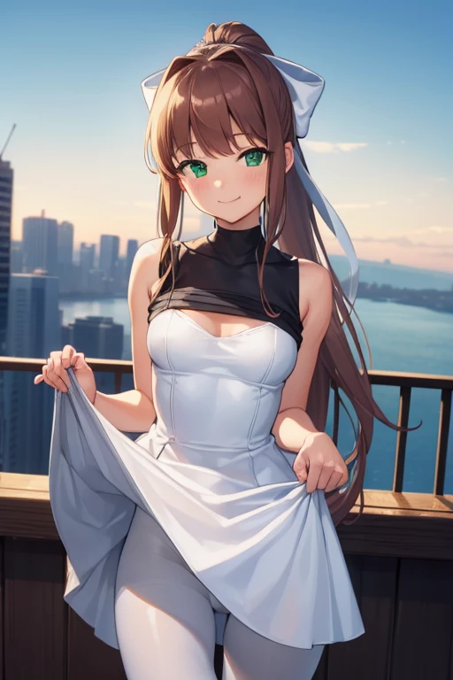 ((full pose:1.5)), ((view from bellow:1.5)), ((standing:1.5)), ((dress lift:1.5)), ddlcmonika, ddlcmonika, blunt bangs, brown hair, (green eyes:1.5), long hair, ponytail, ribbon, white ribbon, hair ribbon, sidelocks, ((happy face:1.4)), ((armpits)) BREAK ((short white dress:1.4)), ((black pantyhose:1.4)), 
BREAK ((looking at viever))
BREAK living room background, ((medium breasts:1.4)), 
BREAK (masterpiece:1.2), best quality, high resolution, unity 8k wallpaper, (illustration:0.8), (beautiful detailed eyes:1.6), extremely detailed face, perfect lighting, extremely detailed CG, (perfect hands, perfect anatomy), ((sky from bellow:1.5)), ((view from bellow:1.5)),