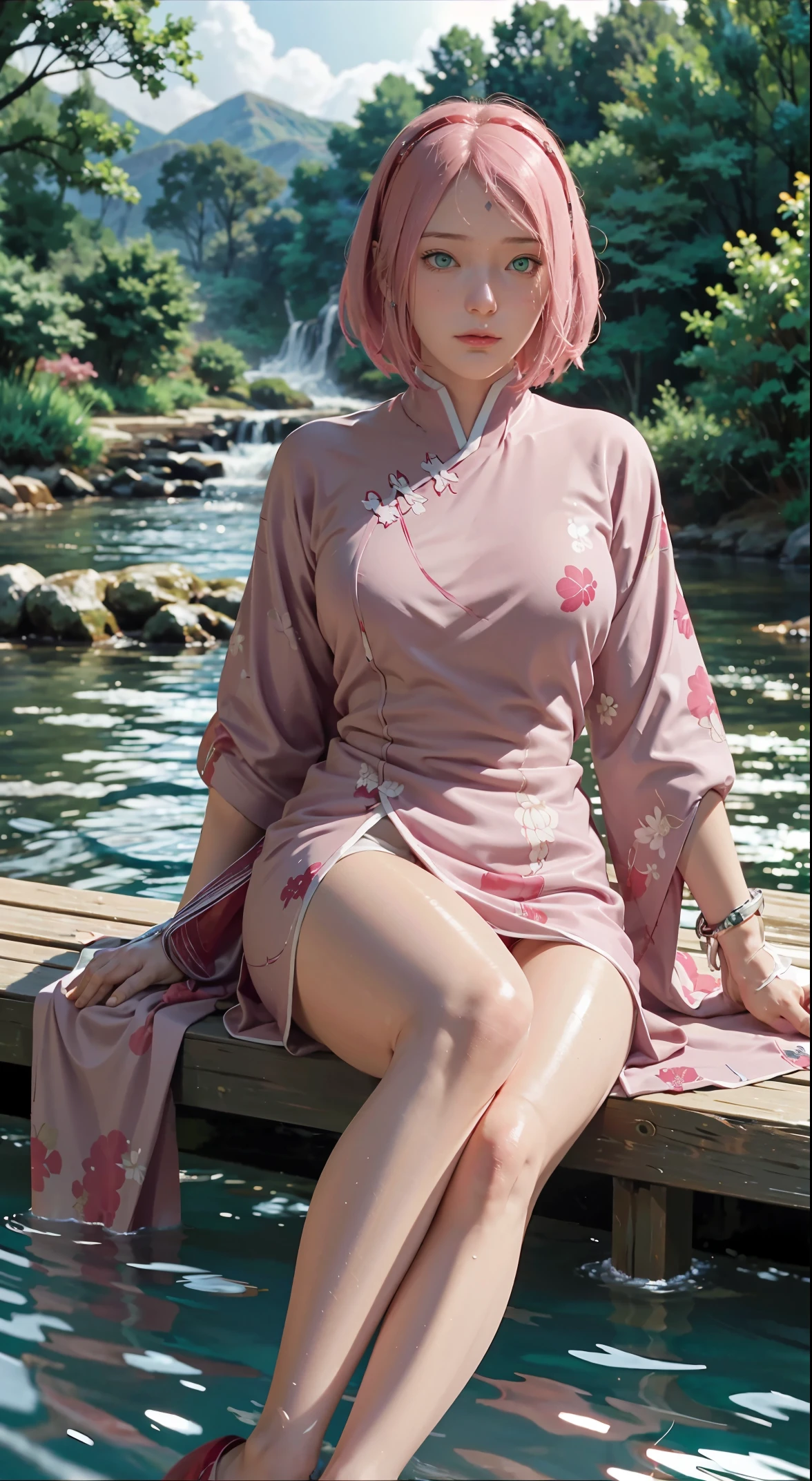 Sitting on a bridge full of river lanterns, feet playing in the water, the art depicts a charming woman dressed in a sakura flowing, silky traditional oriental dress, pink, decorated with intricate patterns and bright colors. Her dress drapes elegantly over her curvy figure, accentuating her seductive silhouette. She sits gracefully by the tranquil lotus lake, her feet playing in the water, bathed in the soft glow of the moonlight. The scene exudes an ethereal and dreamy atmosphere, with a touch of mystery and sexiness. The graphic style blends watercolor and digital illustration techniques to evoke a refined beauty and charm. The lights are filled with soft moonlight, casting soft highlights and shadows on her charming features. Bare thighs, big breasts, three-dimensional facial features, sitting, upturned legs, side braids , beautiful girl long pink hair and green eyes looks like sakura haruno from naruto