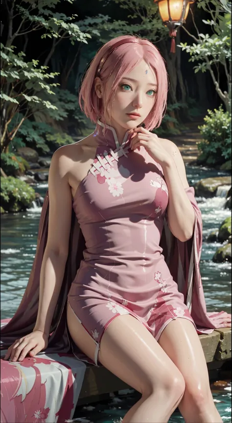 Sitting on a bridge full of river lanterns, feet playing in the water, the art depicts a charming woman dressed in a sakura flow...