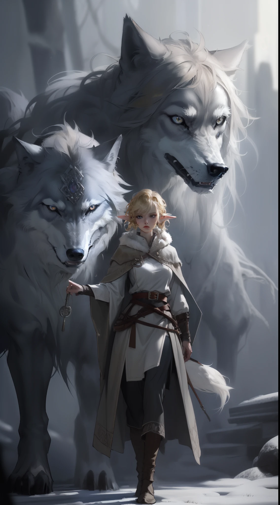 ((Obra maestra, mejor calidad)), (fractal art:1.3), viking duende girl, Fantasía, Standing with ancient lobo, concepto yoji shinkawa, arte conceptual, cuadro, Frank Frazetta, BREAK, (duende:1.2), 1 chica, solo, (pelo rubio:1.15), flequillo contundente, (pelo entre los ojos), Blue Eyes, (hermoso rostro detallado:1.2)，estilo artístico de Artgerm, por Wadim Kashin, por Kawacy, BREAK, (1animal), ((lobo)),  esponjoso, grande, piel blanca, BREAK, ((ropa vikinga antigua))，esponjoso cloak,  grande breast, pantimedias largas negras con botas blancas, BREAK, Pestañas, sombra, pink sombra, BREAK, extremadamente detallado, ángulo dinámico, pose dinámica, la forma más bella de caos, elegant, un brutalista diseñado, El entorno es un bosque escandinavo en invierno,