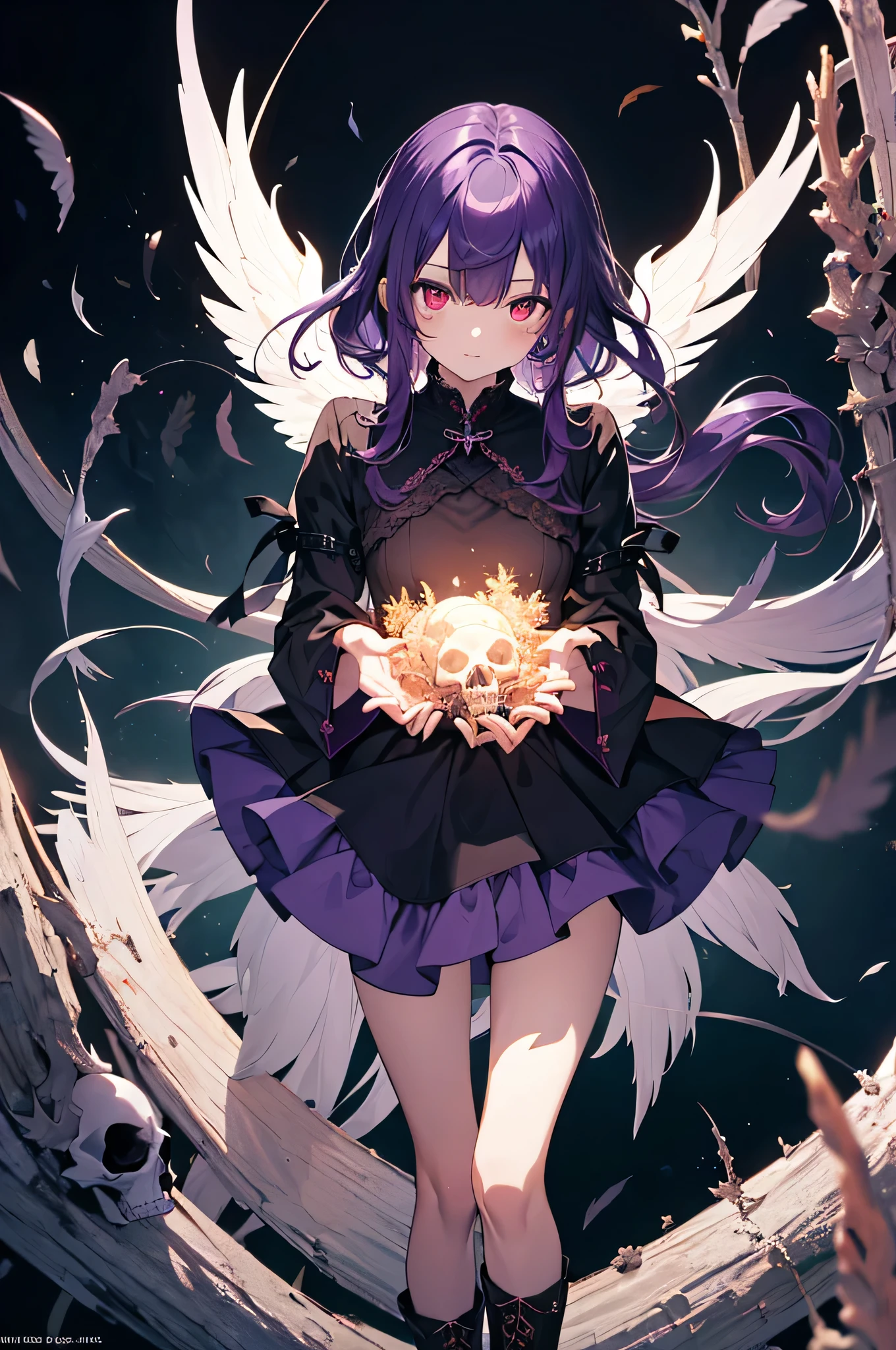 (masutepiece, Absurd quality, Best Quality, Official art, Beautiful and aesthetic:1.2), (1 little girl:1.4), ighly detailed, (Fractal Art:1.3), Colorful, highest details, Vivid Color, From  above, Angel, albino, baby-face, Hugging the skull, Dark light, Fluffy white ruffled dress, White lace up short boots, fluffy Angel wings, Purple long hair, Beautiful detailed red eyes, glare at viewer, Lots of skulls,Full body,((Upper body)),((Purple hair)),