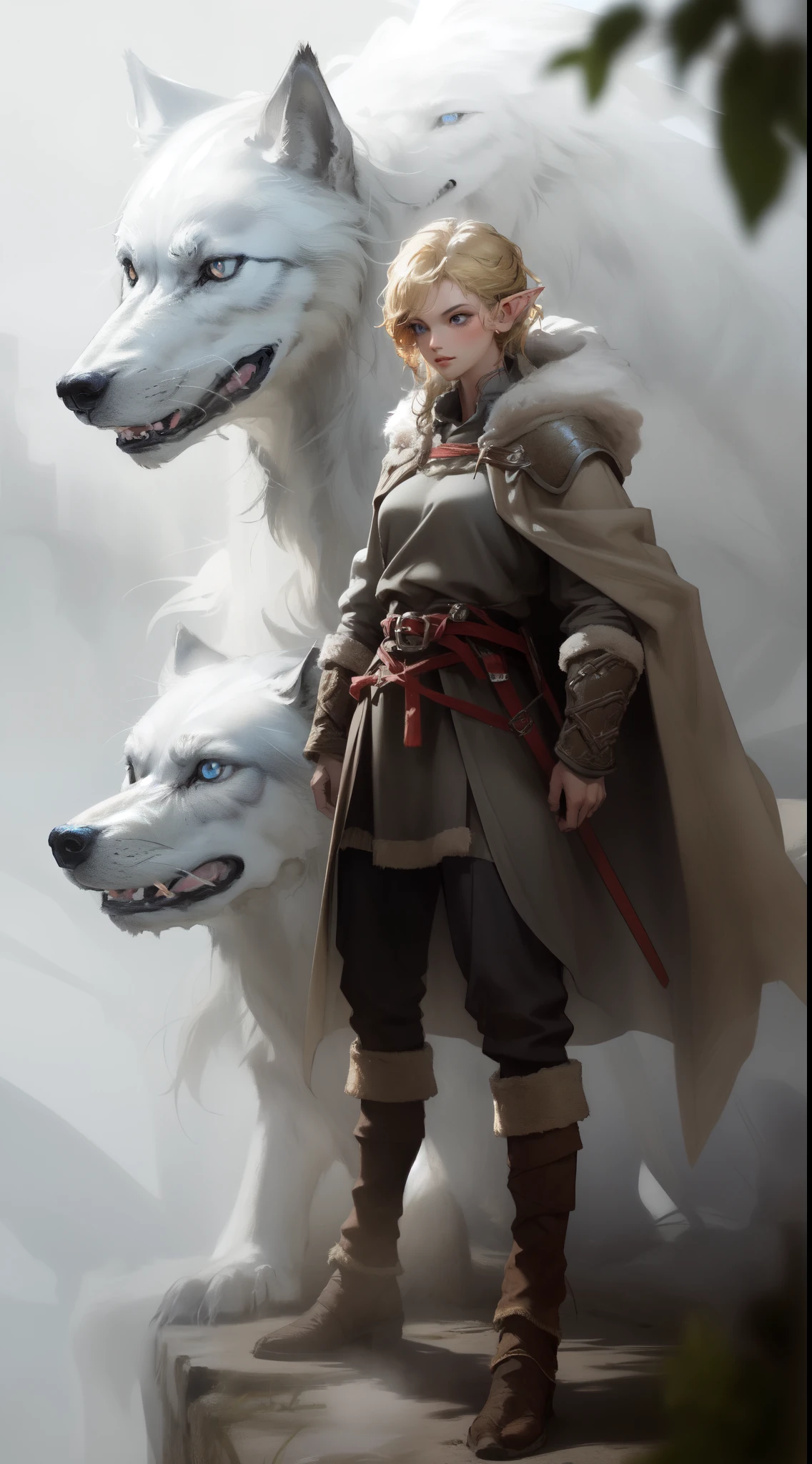 ((masterpiece, best quality)), (fractal art:1.3), viking elf girl, fantasy, Standing with ancient wolf, concept yoji shinkawa, concept art, painting, frank frazetta, BREAK, (elf:1.2), 1girl, solo, (Blonde Hair:1.15), Blunt bangs, (hair between eye), Blue Eyes, (beautiful detailed face:1.2)，art style by Artgerm, by Wadim kashin, by Kawacy, BREAK, (1animal), ((wolf)),  fluffy, big, White fur, BREAK, ((ancient viking clothes))，fluffy cloak,  big breast, long black glovelack pantyhoses with white boots, BREAK, eyelashes, eyeshadow, pink eyeshadow, BREAK, extremely detailed, dynamic angle, dynamic pose, the most beautiful form of chaos, elegant, a brutalist designed, Setting is a Scandinavian forest in winter,