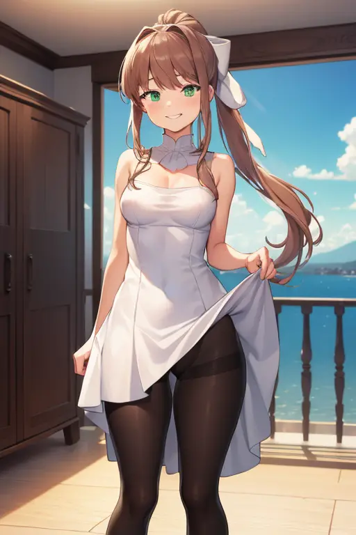 ((full pose:1.5)), ((view from bellow:1.5)), ((standing:1.5)), ((dress lift:1.5)), ddlcmonika, ddlcmonika, blunt bangs, brown ha...