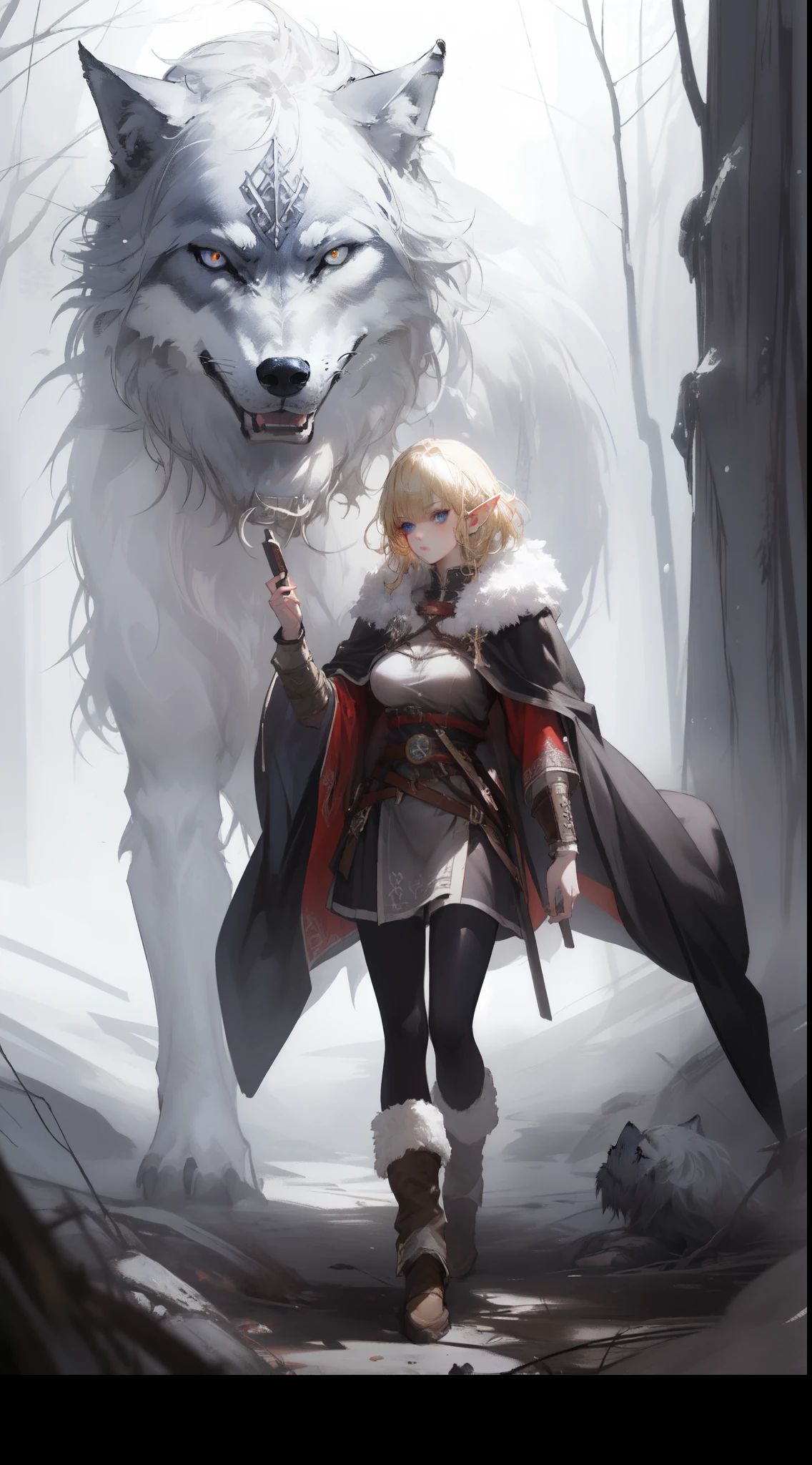 ((masterpiece, best quality)), (fractal art:1.3), viking elf girl, fantasy, Standing with ancient wolf, concept yoji shinkawa, concept art, painting, frank frazetta, BREAK, (elf:1.2), 1girl, solo, (Blonde Hair:1.15), Blunt bangs, (hair between eye), Blue Eyes, (beautiful detailed face:1.2)，art style by Artgerm, by Wadim kashin, by Kawacy, BREAK, (1animal), ((wolf)),  fluffy, big, White fur, BREAK, ((ancient viking clothes))，fluffy cloak,  big breast, long black glovelack pantyhoses with white boots, BREAK, eyelashes, eyeshadow, pink eyeshadow, BREAK, extremely detailed, dynamic angle, dynamic pose, the most beautiful form of chaos, elegant, a brutalist designed, Setting is a Scandinavian forest in winter,