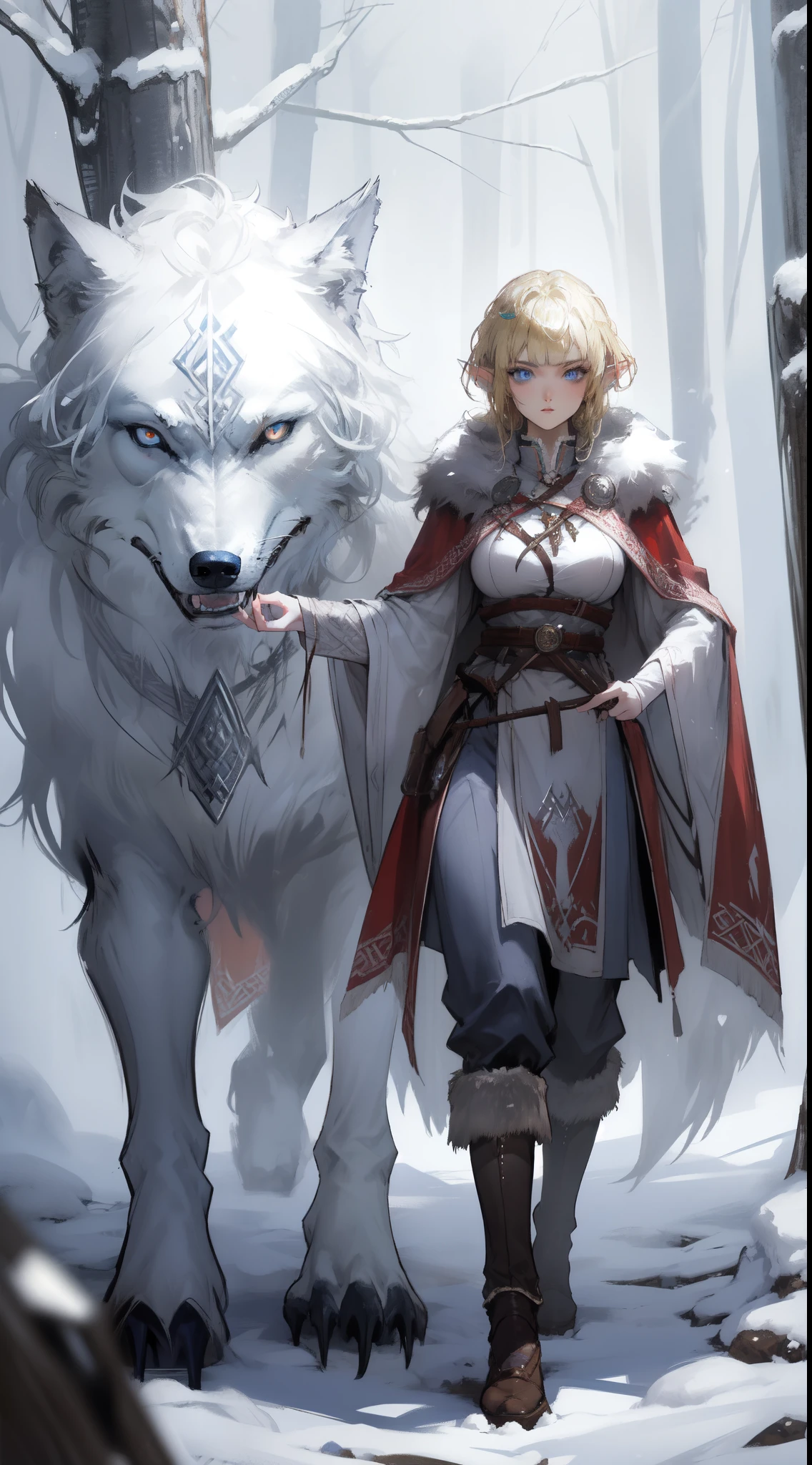 ((masterpiece, best quality)), (fractal art:1.3), viking elf girl, fantasy, Standing with ancient wolf, concept yoji shinkawa, concept art, painting, frank frazetta, BREAK, (elf:1.2), 1girl, solo, (Blonde Hair:1.15), Blunt bangs, (hair between eye), Blue Eyes, (beautiful detailed face:1.2)，art style by Artgerm, by Wadim kashin, by Kawacy, BREAK, (1animal), ((wolf)),  fluffy, big, White fur, BREAK, ((ancient viking clothes))，fluffy cloak,  big breast, long black glovelack pantyhoses with white boots, BREAK, eyelashes, eyeshadow, pink eyeshadow, BREAK, extremely detailed, dynamic angle, dynamic pose, the most beautiful form of chaos, elegant, a brutalist designed, Setting is a Scandinavian forest in winter,