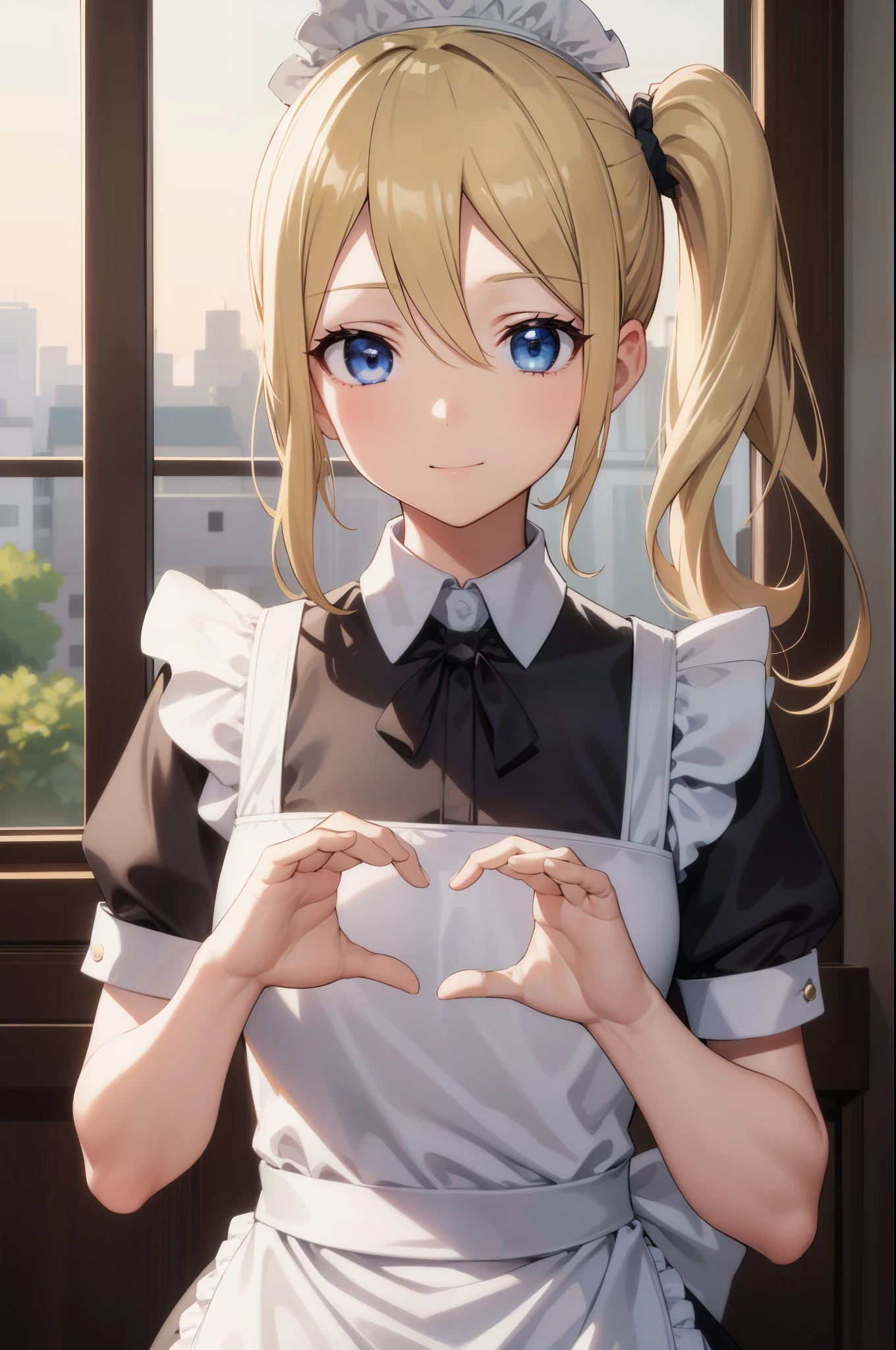 Aihayasaka, Ai Hayasaka, Blonde hair, Blue eyes, blue Scrunchie, hair between eye, hair Scrunchie, Long hair, Scrunchie, Side Ponytail, side locks,
(maid clothes:1.3), (White Brim), (White Brim)
BREAK looking at viewer, 
BREAK indoors, Background of the mansion,
BREAK (masutepiece:1.2), Best Quality, High resolution, Unity 8k壁纸, (Illustration:0.8), (Beautiful detailed eyes:1.6), extra detailed face, Perfect Lighting, extremely details CG, (Perfect hands, Perfect Anatomy), Portrait, The best smile, Happy, heart hands