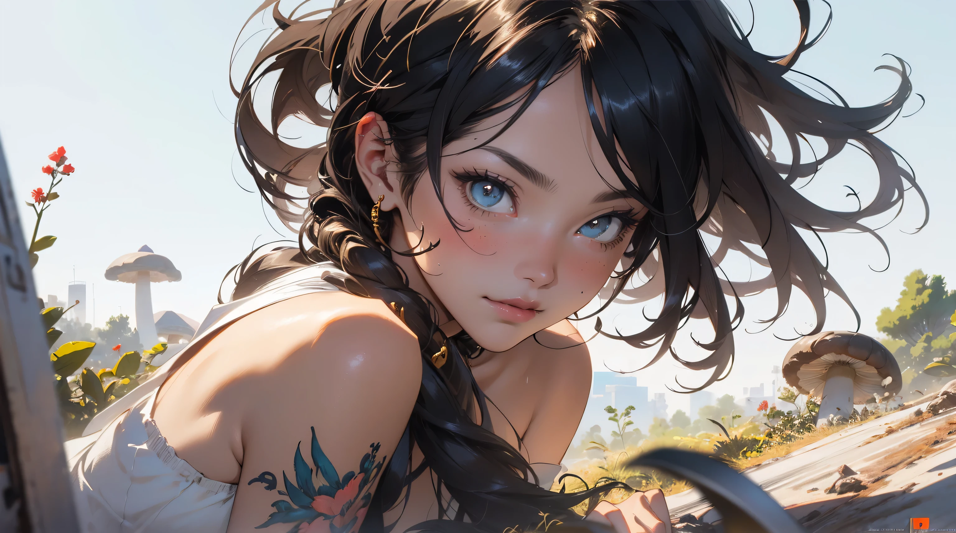 A close up of a woman with a motorcycle in a field - SeaArt AI