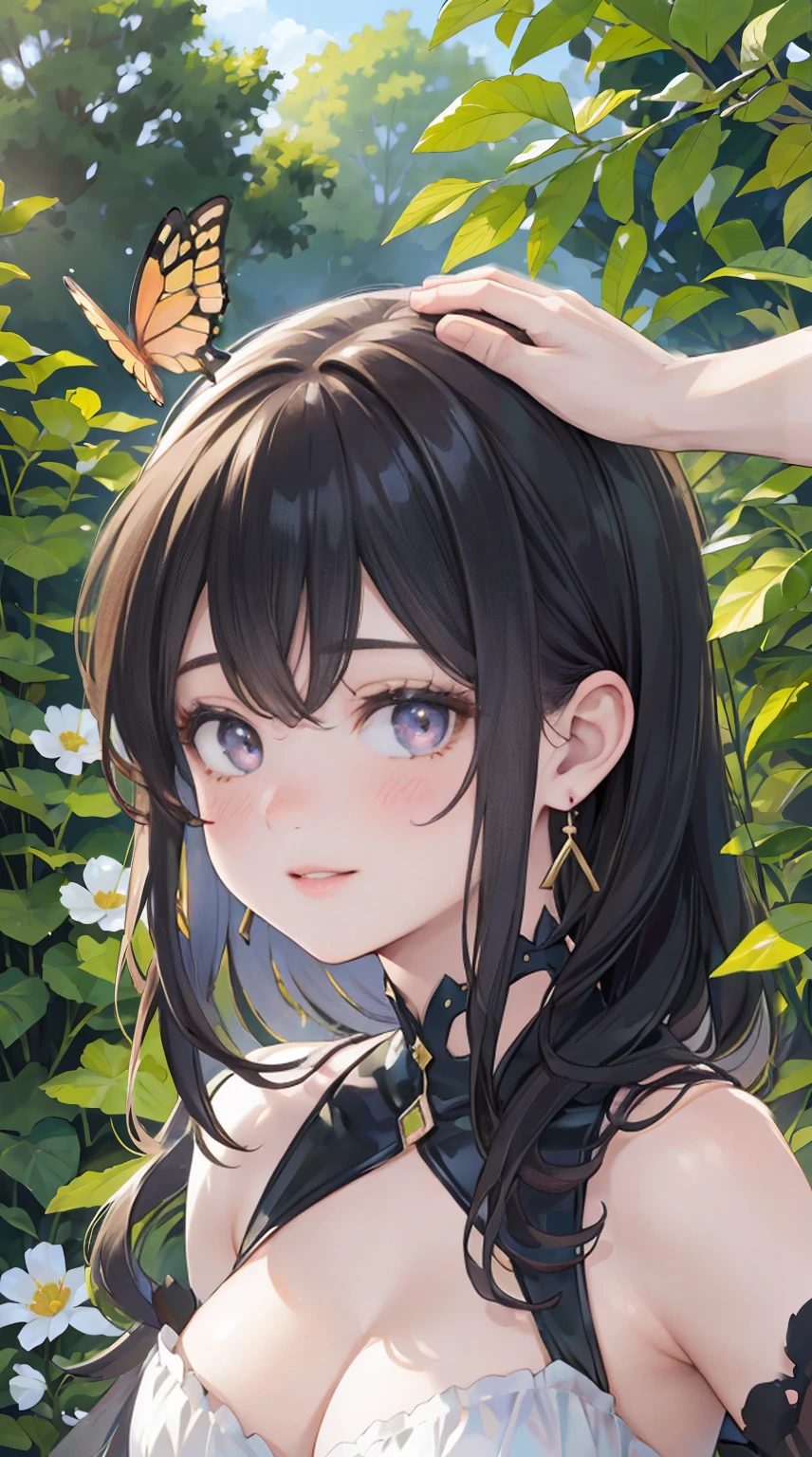 (best quality,4k,8k,highres,masterpiece:1.2),ultra-detailed,(realistic,photorealistic,photo-realistic:1.37),beautiful detailed eyes,beautiful detailed lips,extremely detailed eyes and face,longeyelashes,1girl,sexy,linda,garota,curly long black hair,golden earrings,revealing red dress,striking makeup,seductive smile,sensual pose,dreamy garden background with vibrant flowers,butterflies dancing around,sunlight falling through leaves,soft warm lighting,portrait,romantic,colorful,hdr