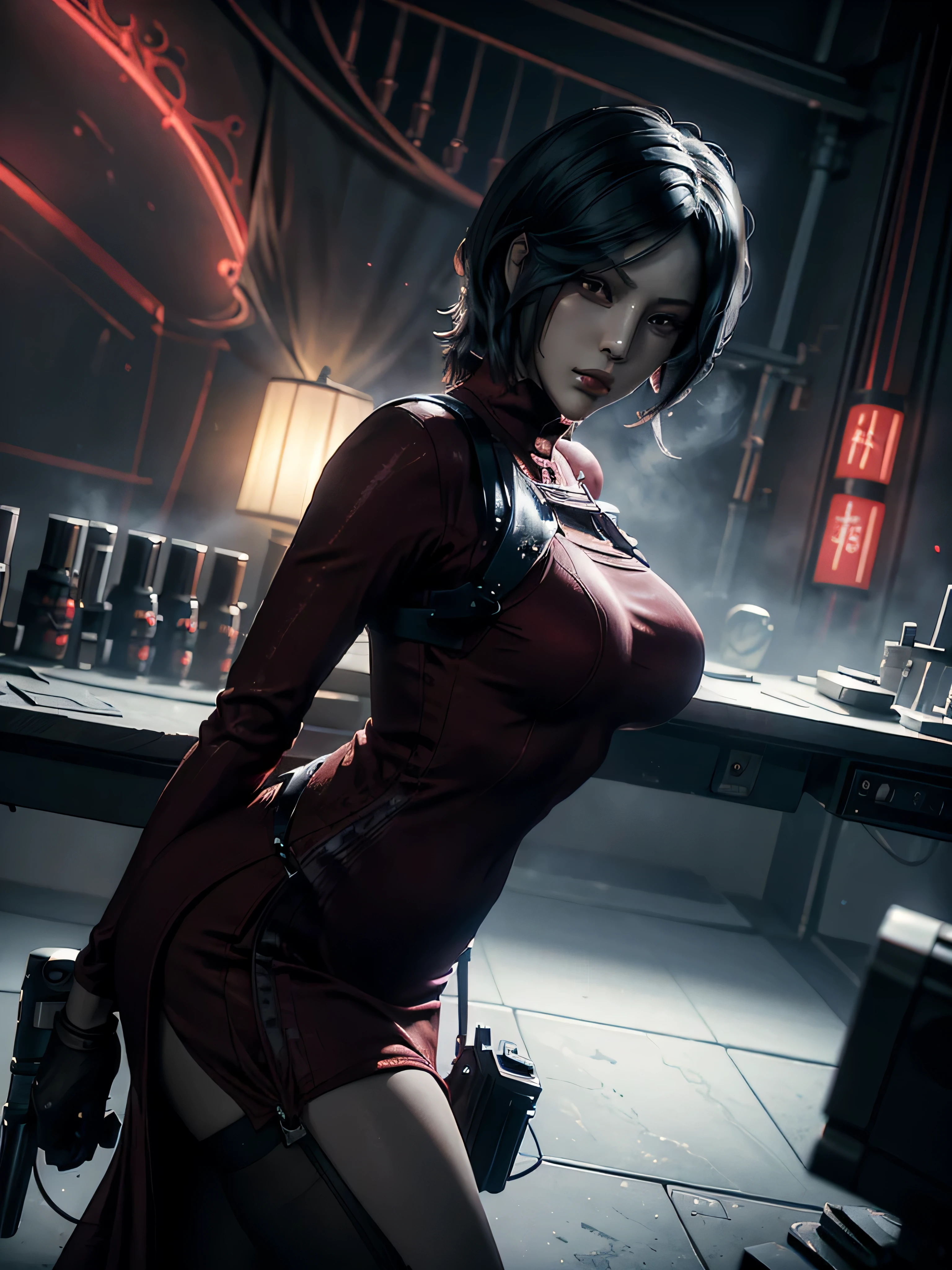 anime moderno arti. vista en ángulo, Pose heroica, Retrato de primer plano de la cara increíblemente hermoso (Ada Wong de Resident Evil:1.2) heroica dama valiente, cuerpo delgado, (vestido largo de seda rojo muy ornamentado y detallado:1.2), Tacones rojos, efecto de desenfoque de profundidad de campo, Noche, zoom completo, retrato de acción, Fotorrealista. iluminación cinematográfica, muy detallado. mejor calidad, 4k, mejor mano, anatomía perfecta, efectos de escorzo, tímido coqueto sexy expresión concentrada, Chino, (en un edificio de laboratorio de ciencias de alta tecnología:1.3) (clínica interior blanca:1.2) (alone:2) (precavido:1.2) (dark Noche time:1.5)